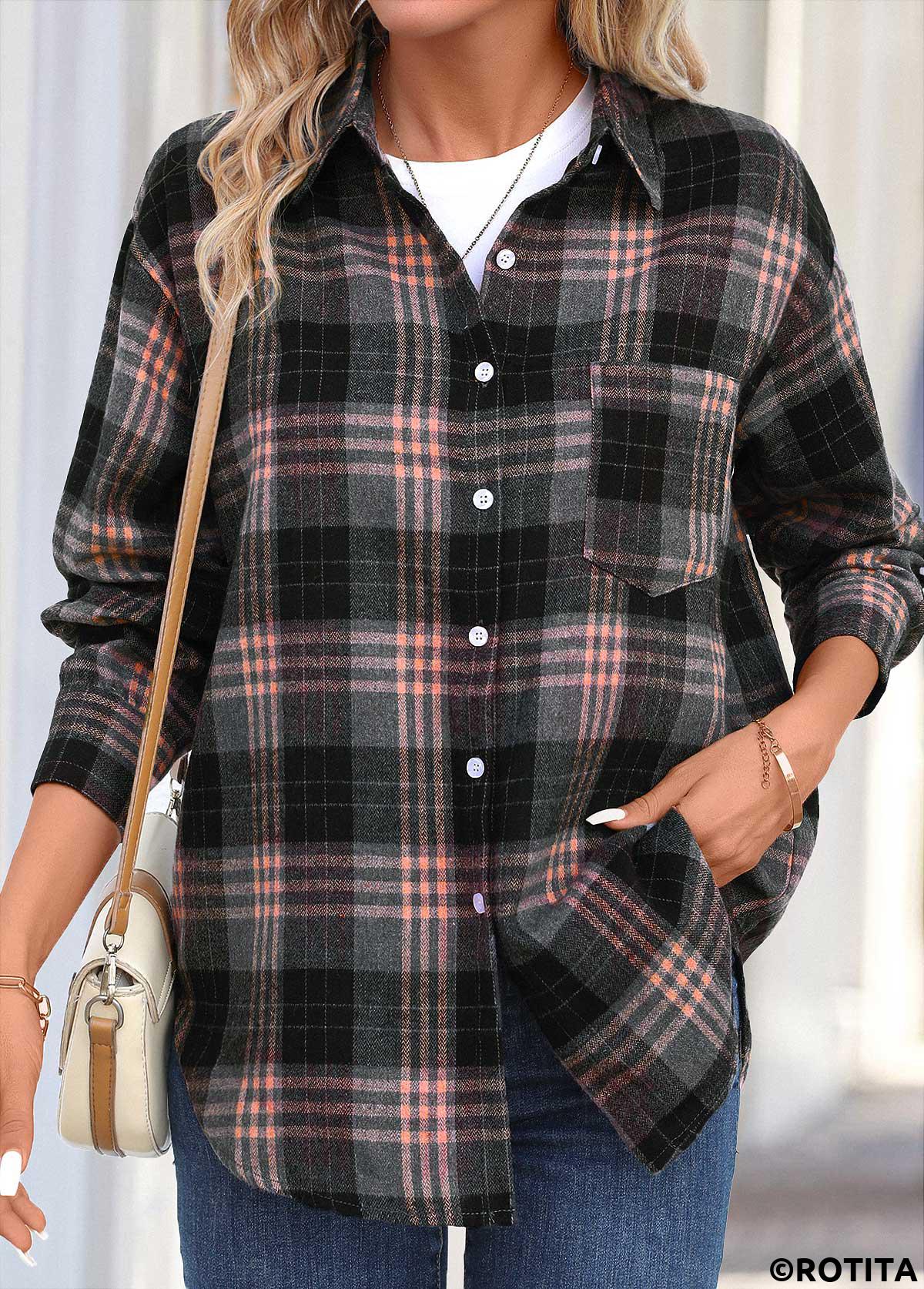 Dusty Pink tops,Black tops,Plaid tops,Striped tops,Geometric tops,Button Plaid Dusty Pink Shirt Collar Long Sleeve Blouse
