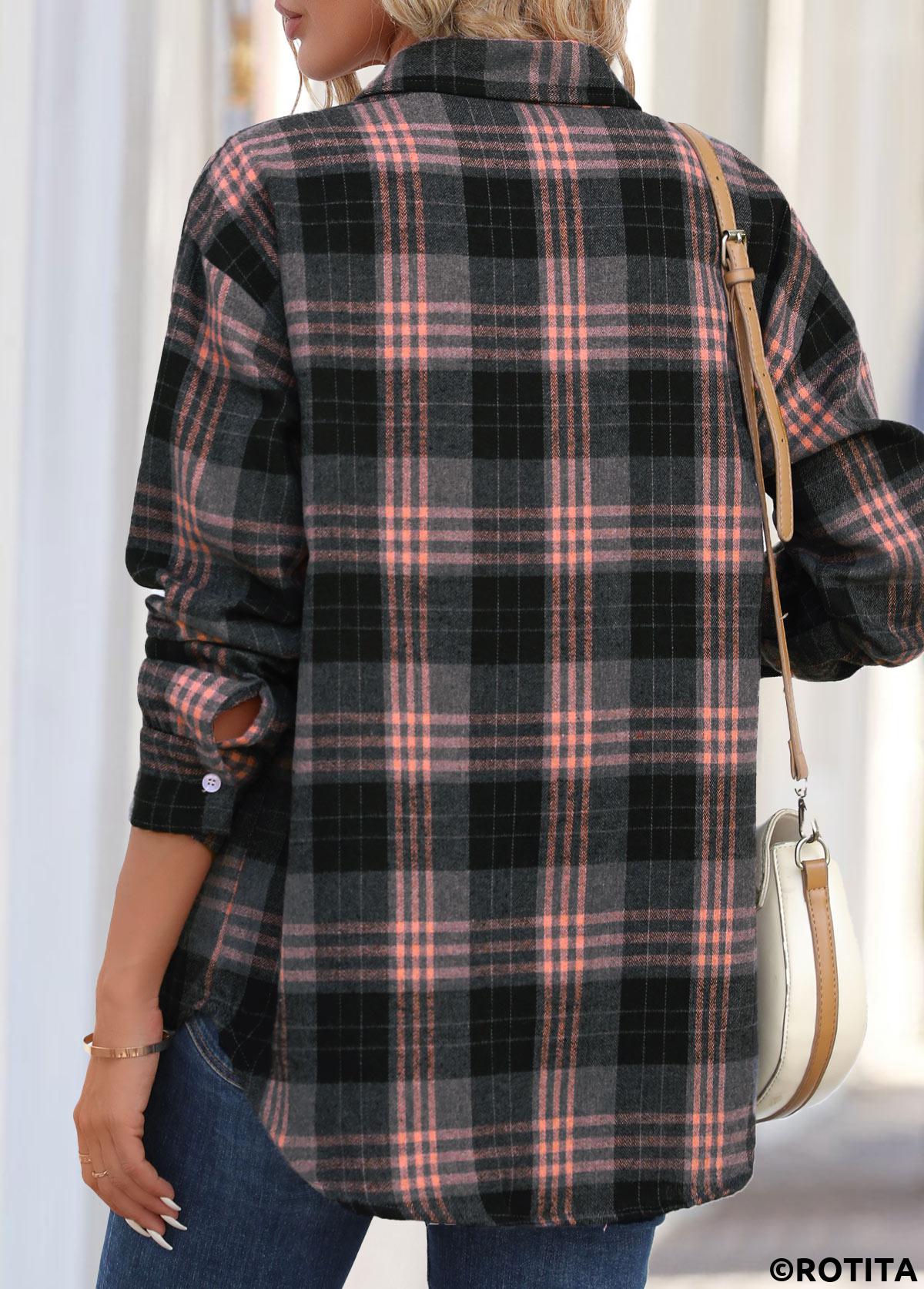Dusty Pink tops,Black tops,Plaid tops,Striped tops,Geometric tops,Button Plaid Dusty Pink Shirt Collar Long Sleeve Blouse