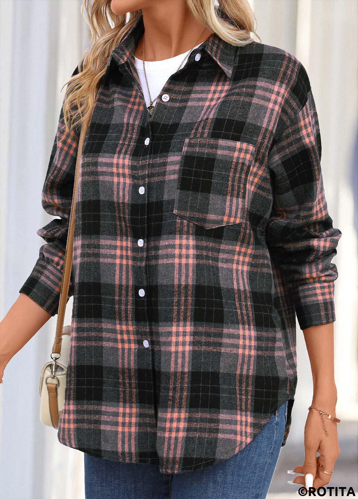 Dusty Pink tops,Black tops,Plaid tops,Striped tops,Geometric tops,Button Plaid Dusty Pink Shirt Collar Long Sleeve Blouse