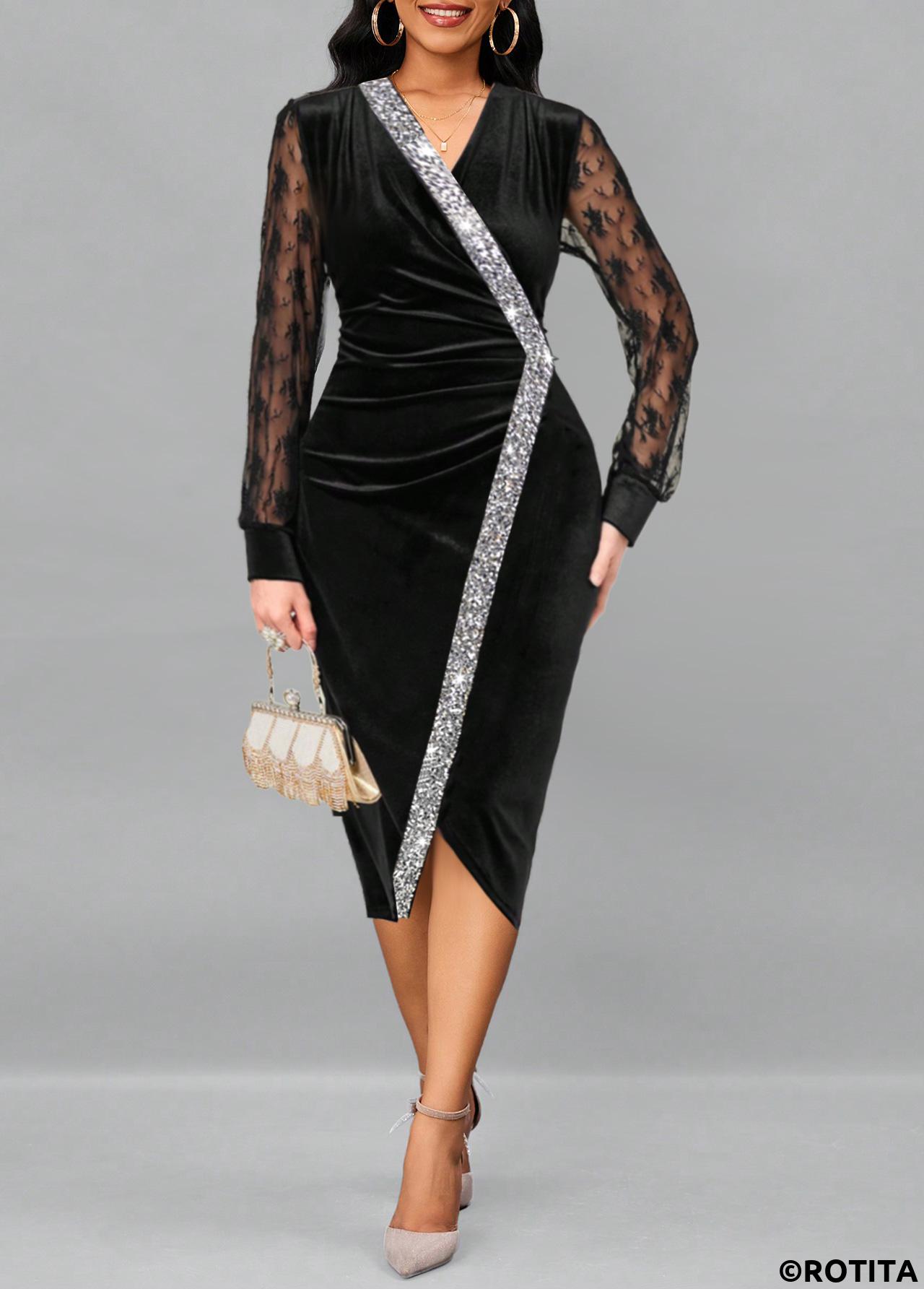 Black dresses,Contrast Color dresses,Party dresses,Elegant dresses,ROTITA Sequin Black V Neck Long Sleeve Dress