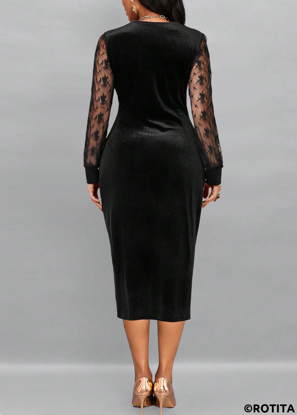 Black dresses,Contrast Color dresses,Party dresses,Elegant dresses,ROTITA Sequin Black V Neck Long Sleeve Dress