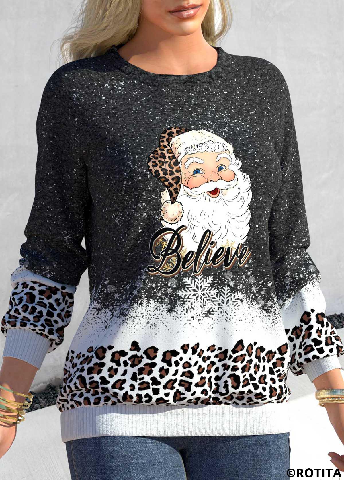 Dark Grey Marl tops,Christmas tops,Letter tops,Animal Print tops,ROTITA Patchwork Santa Claus Print Dark Grey Marl Sweatshirt