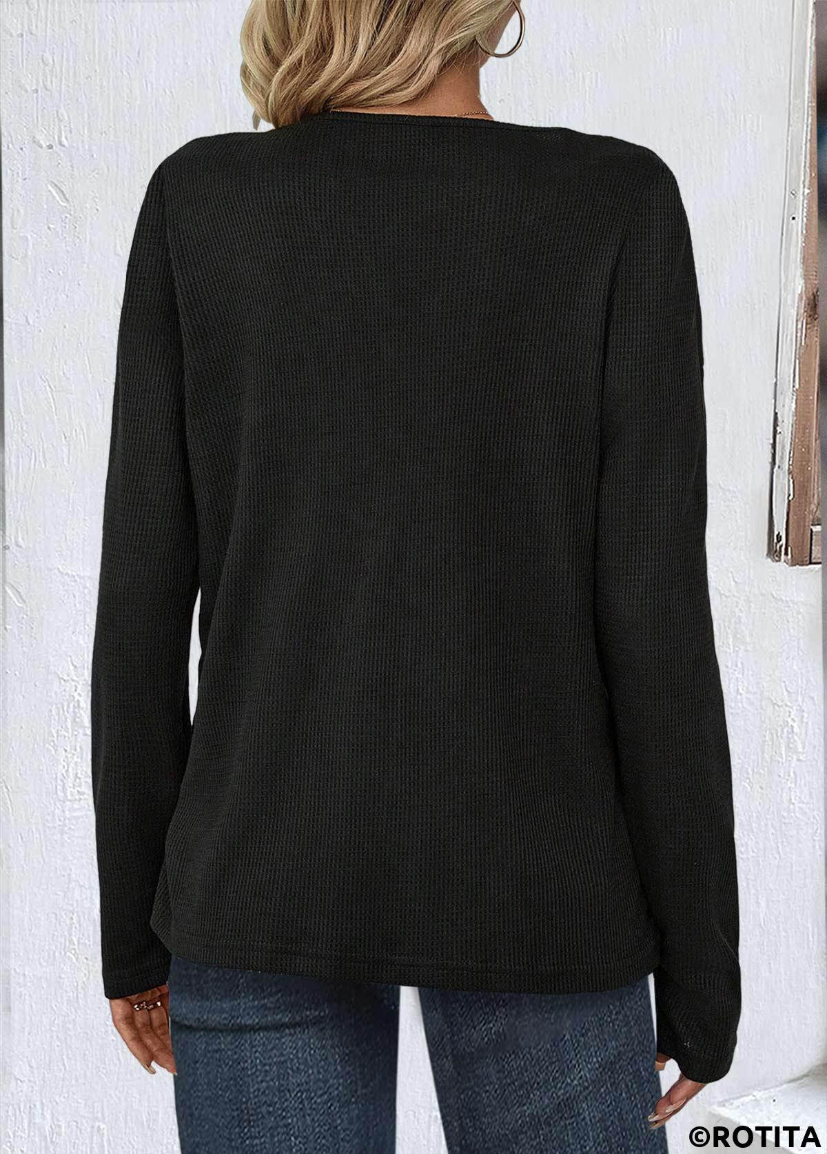 Black tops,Contrast Color tops,ROTITA Patchwork Black V Neck Long Sleeve T Shirt