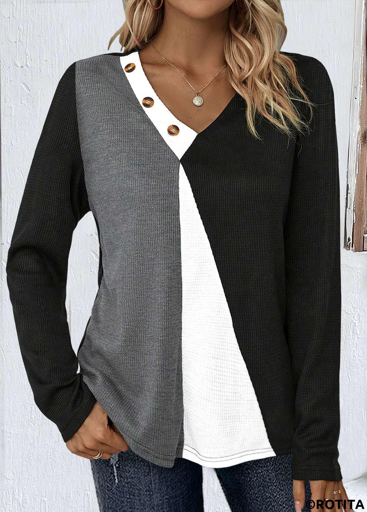 Black tops,Contrast Color tops,ROTITA Patchwork Black V Neck Long Sleeve T Shirt