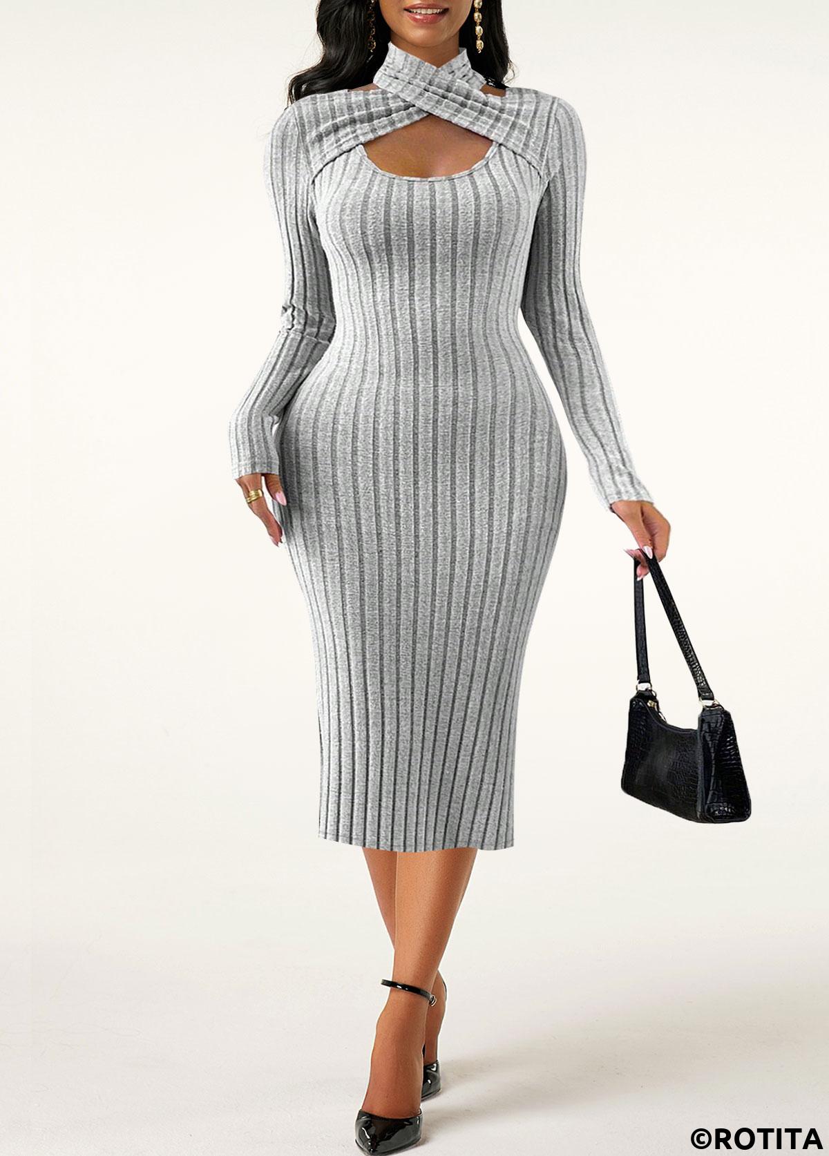 Light Grey dresses,Plain Color dresses,Party dresses,Elegant dresses,ROTITA Cut Out Light Grey Halter Long Sleeve Dress