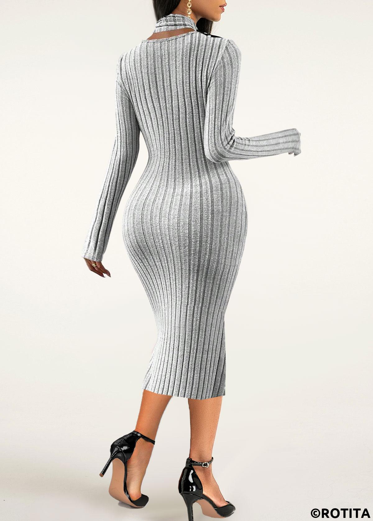 Light Grey dresses,Plain Color dresses,Party dresses,Elegant dresses,ROTITA Cut Out Light Grey Halter Long Sleeve Dress