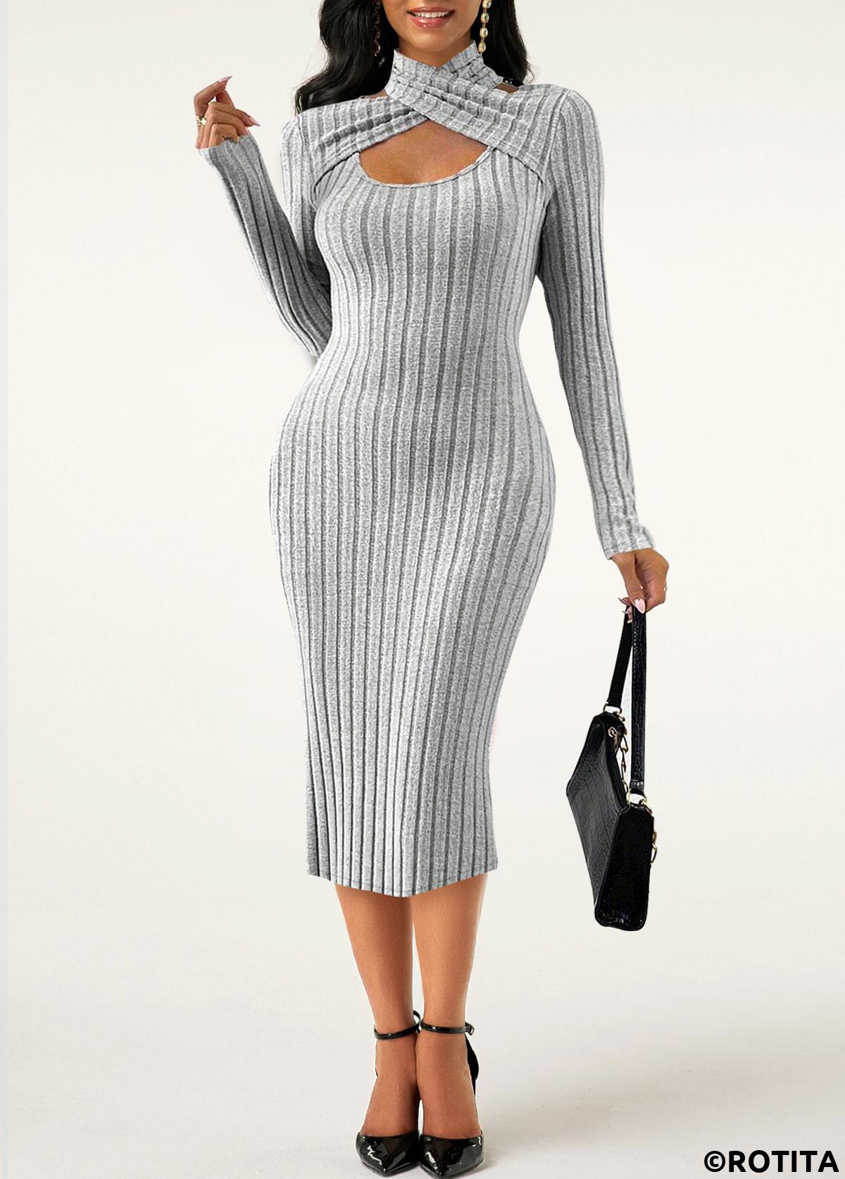 Light Grey dresses,Plain Color dresses,Party dresses,Elegant dresses,ROTITA Cut Out Light Grey Halter Long Sleeve Dress