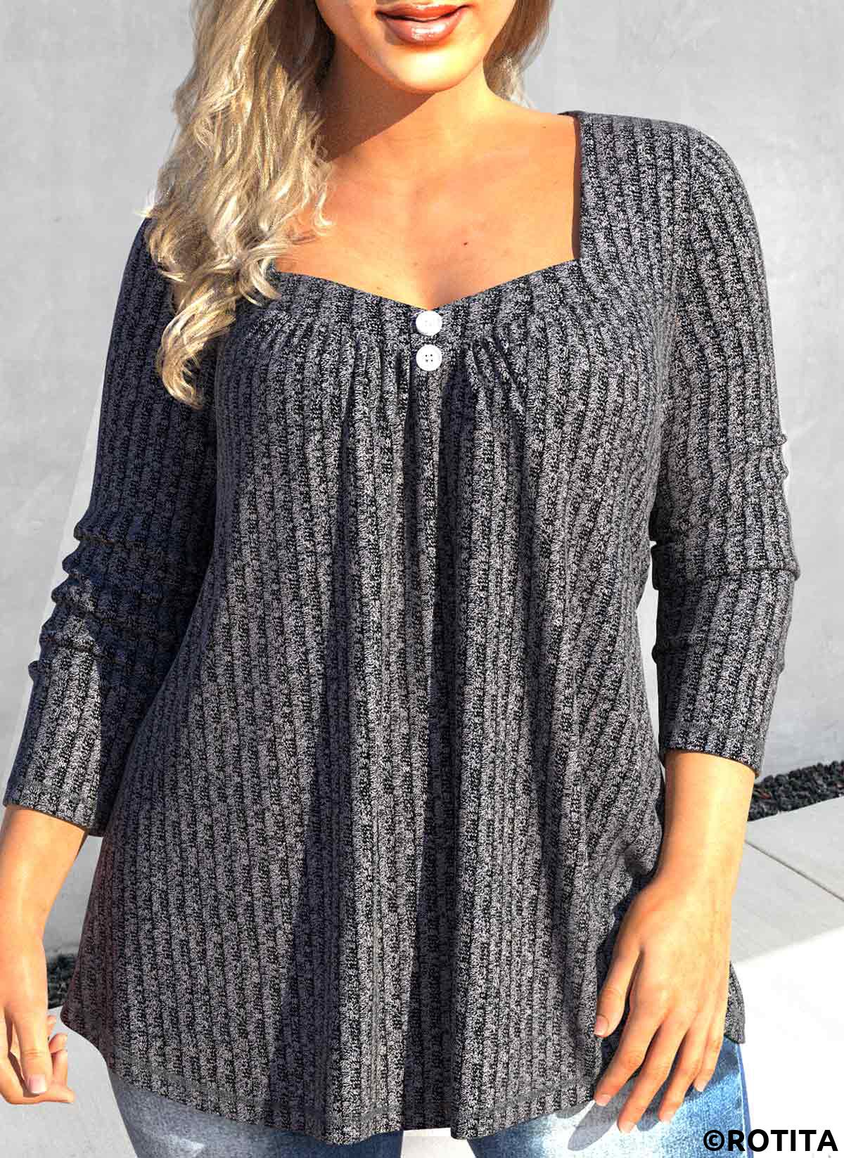 Dark Grey plus size,Plain Color plus size,ROTITA Plus Size Button Dark Grey Heart Collar T Shirt