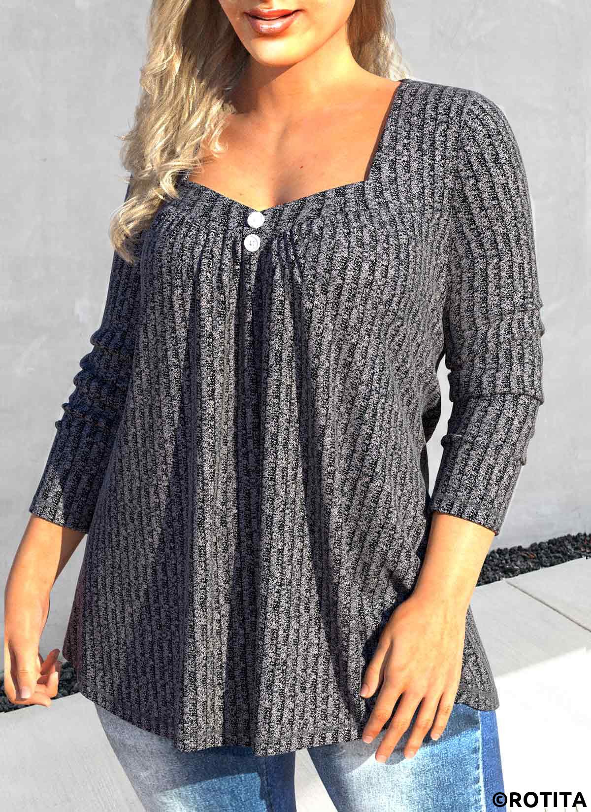Dark Grey plus size,Plain Color plus size,ROTITA Plus Size Button Dark Grey Heart Collar T Shirt