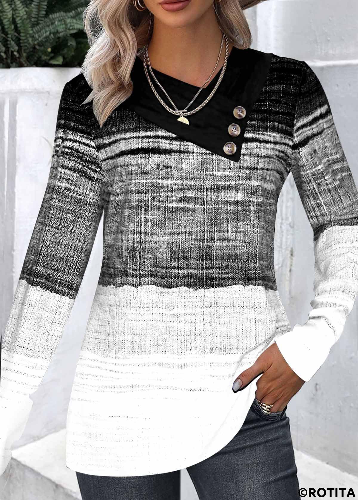 Black tops,White tops,Ombre tops,Striped tops,Geometric tops,ROTITA Button Ombre Black Asymmetrical Neck Long Sleeve Sweatshirt