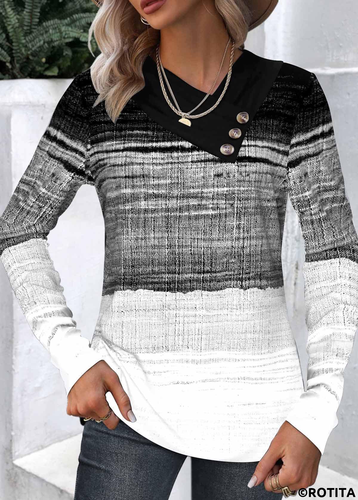Black tops,White tops,Ombre tops,Striped tops,Geometric tops,ROTITA Button Ombre Black Asymmetrical Neck Long Sleeve Sweatshirt