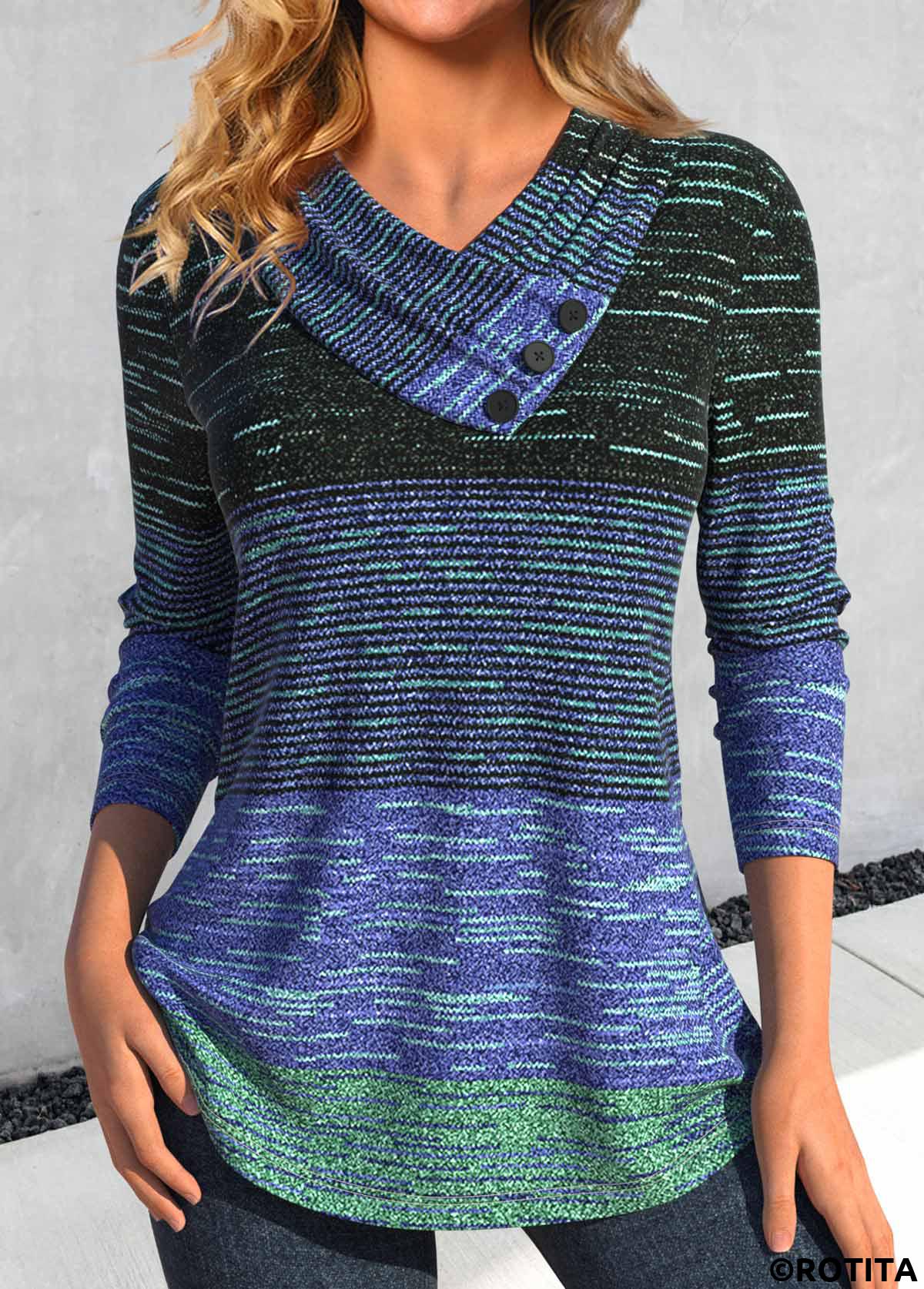 Cyan tops,Blue tops,Striped tops,ROTITA Button Striped Cyan V Neck Long Sleeve T Shirt