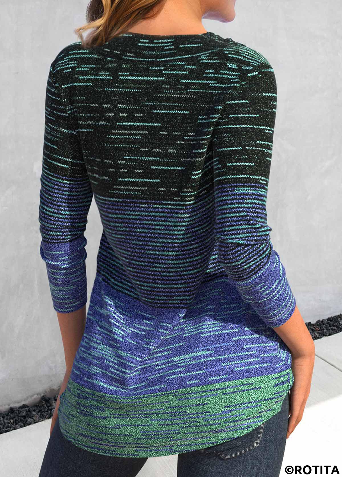 Cyan tops,Blue tops,Striped tops,ROTITA Button Striped Cyan V Neck Long Sleeve T Shirt