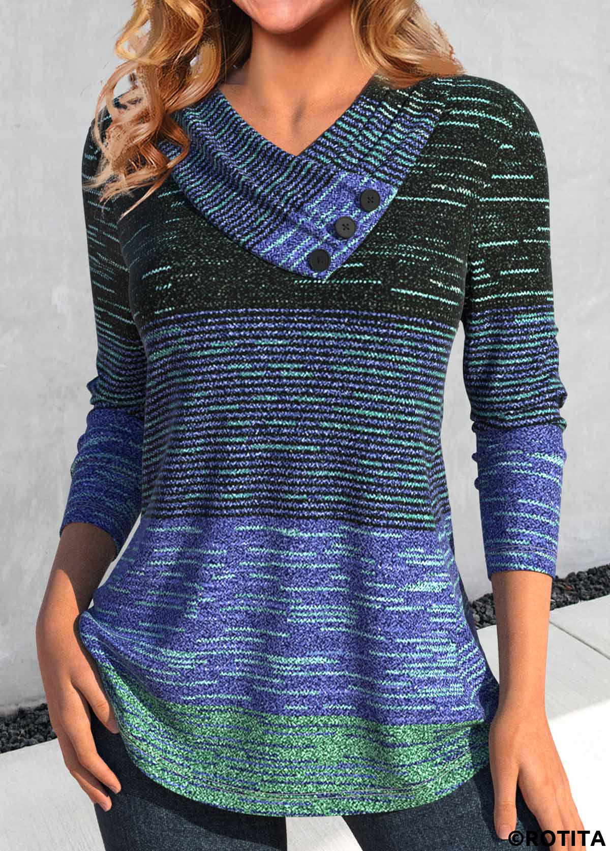 Cyan tops,Blue tops,Striped tops,ROTITA Button Striped Cyan V Neck Long Sleeve T Shirt