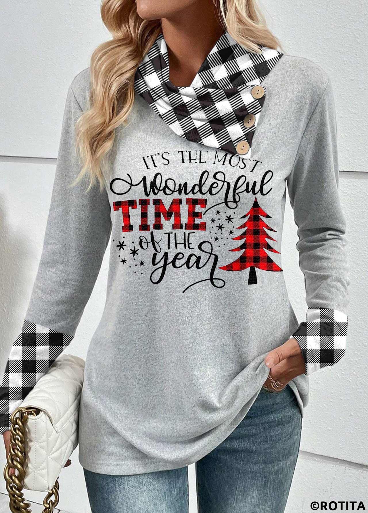 Light Grey tops,Plaid tops,Geometric tops,Striped tops,Letter tops,ROTITA Patchwork Plaid Light Grey Asymmetrical Neck Long Sleeve Sweatshirt