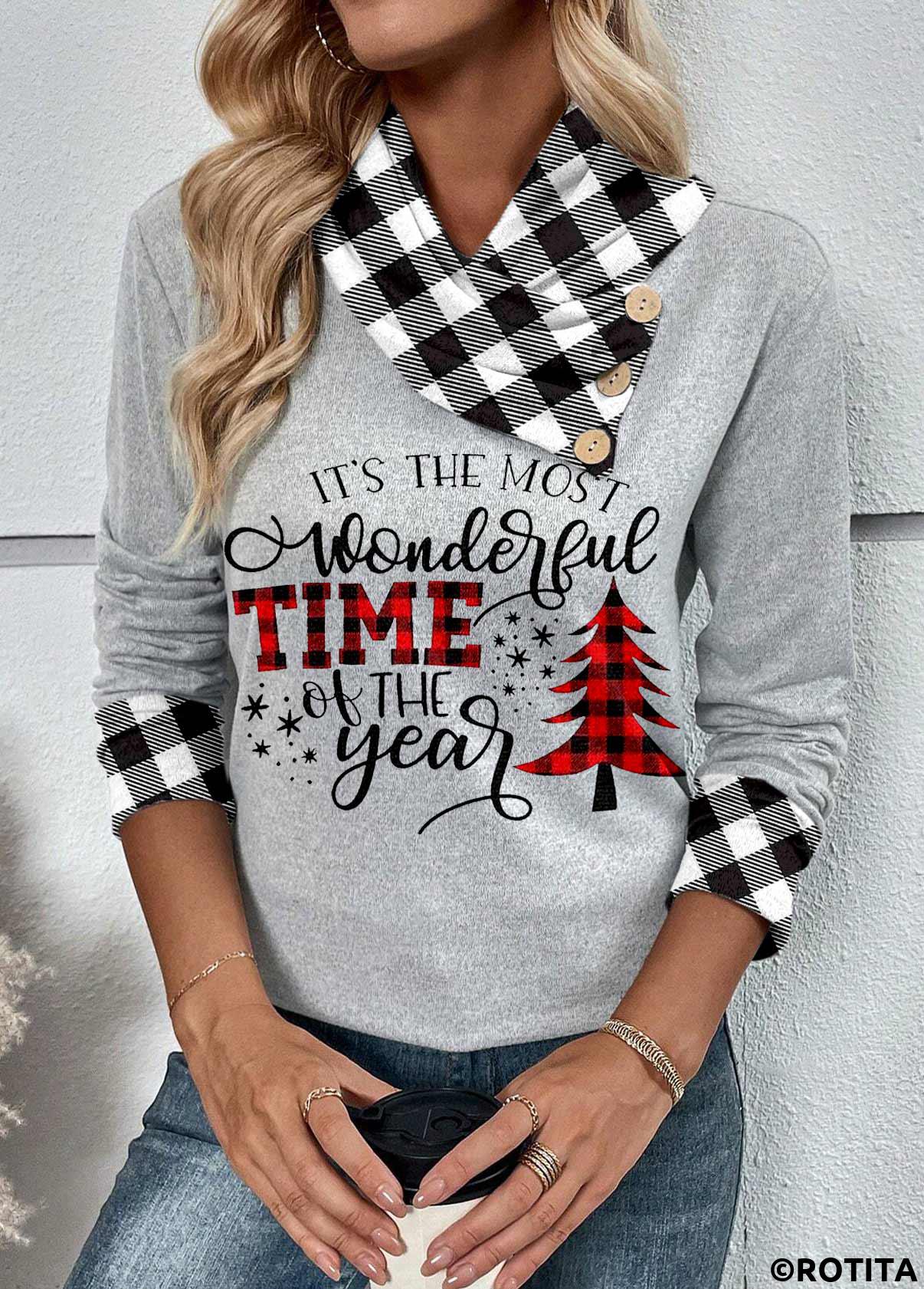 Light Grey tops,Plaid tops,Geometric tops,Striped tops,Letter tops,ROTITA Patchwork Plaid Light Grey Asymmetrical Neck Long Sleeve Sweatshirt