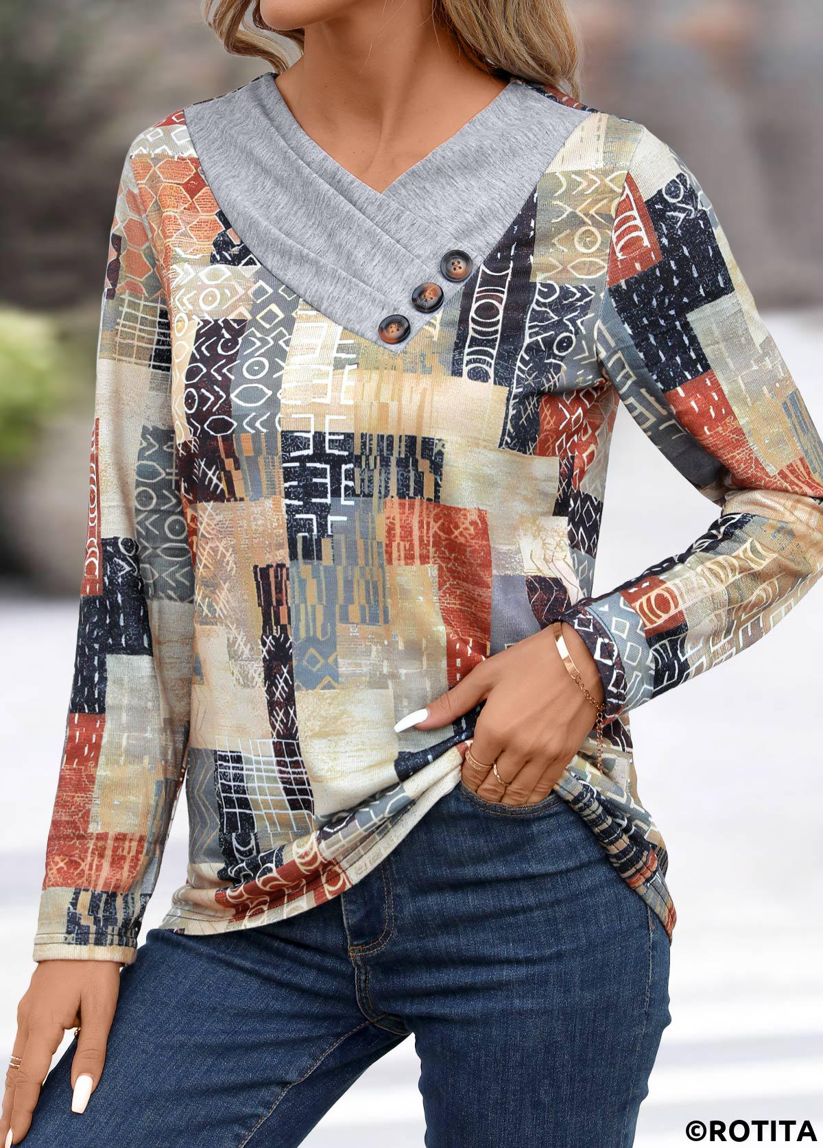 Light Grey tops,Geometric tops,Letter tops,Striped tops,Plaid tops,Patchwork Geometric Print Light Grey Asymmetrical Neck T Shirt