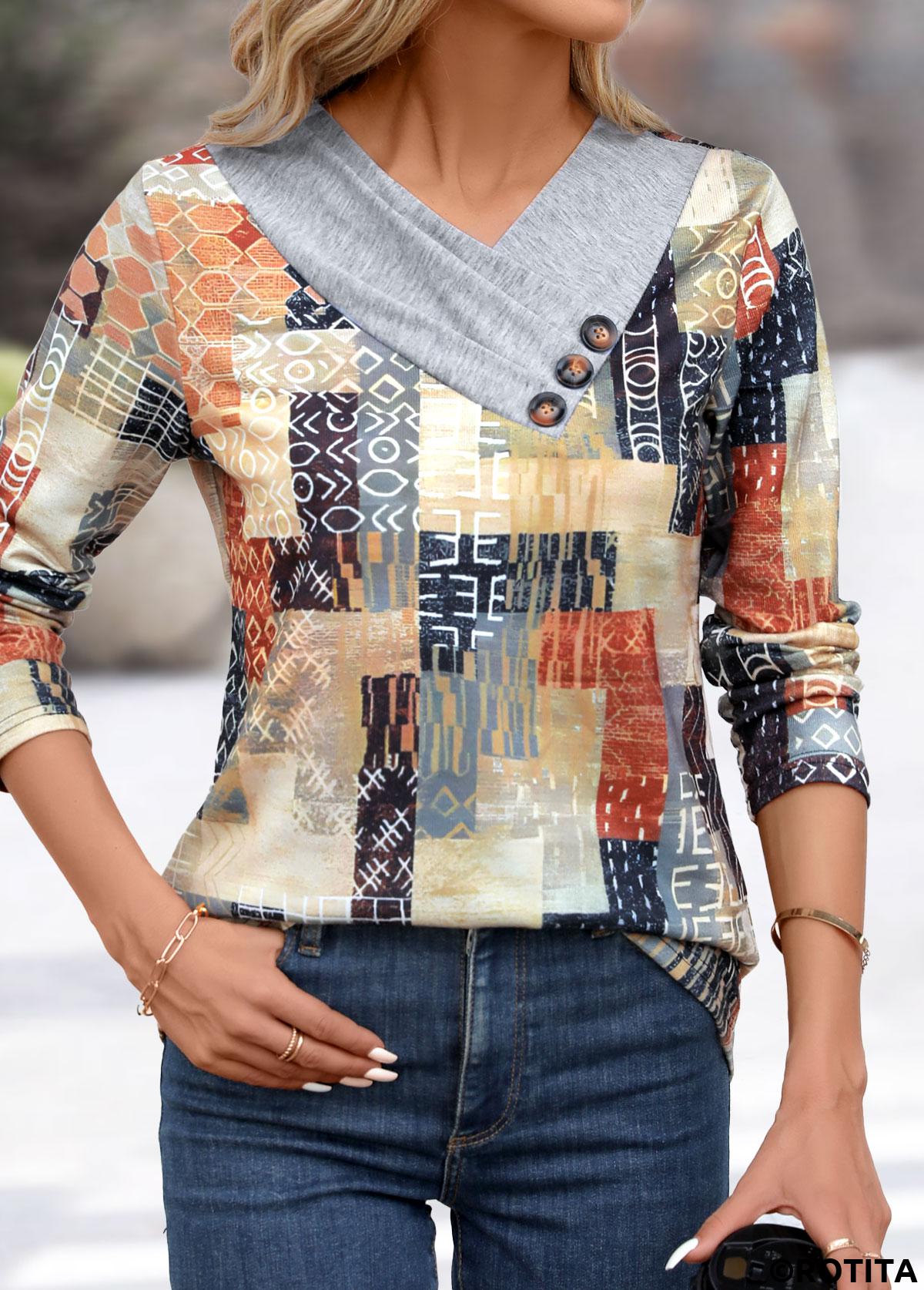 Light Grey tops,Geometric tops,Letter tops,Striped tops,Plaid tops,Patchwork Geometric Print Light Grey Asymmetrical Neck T Shirt