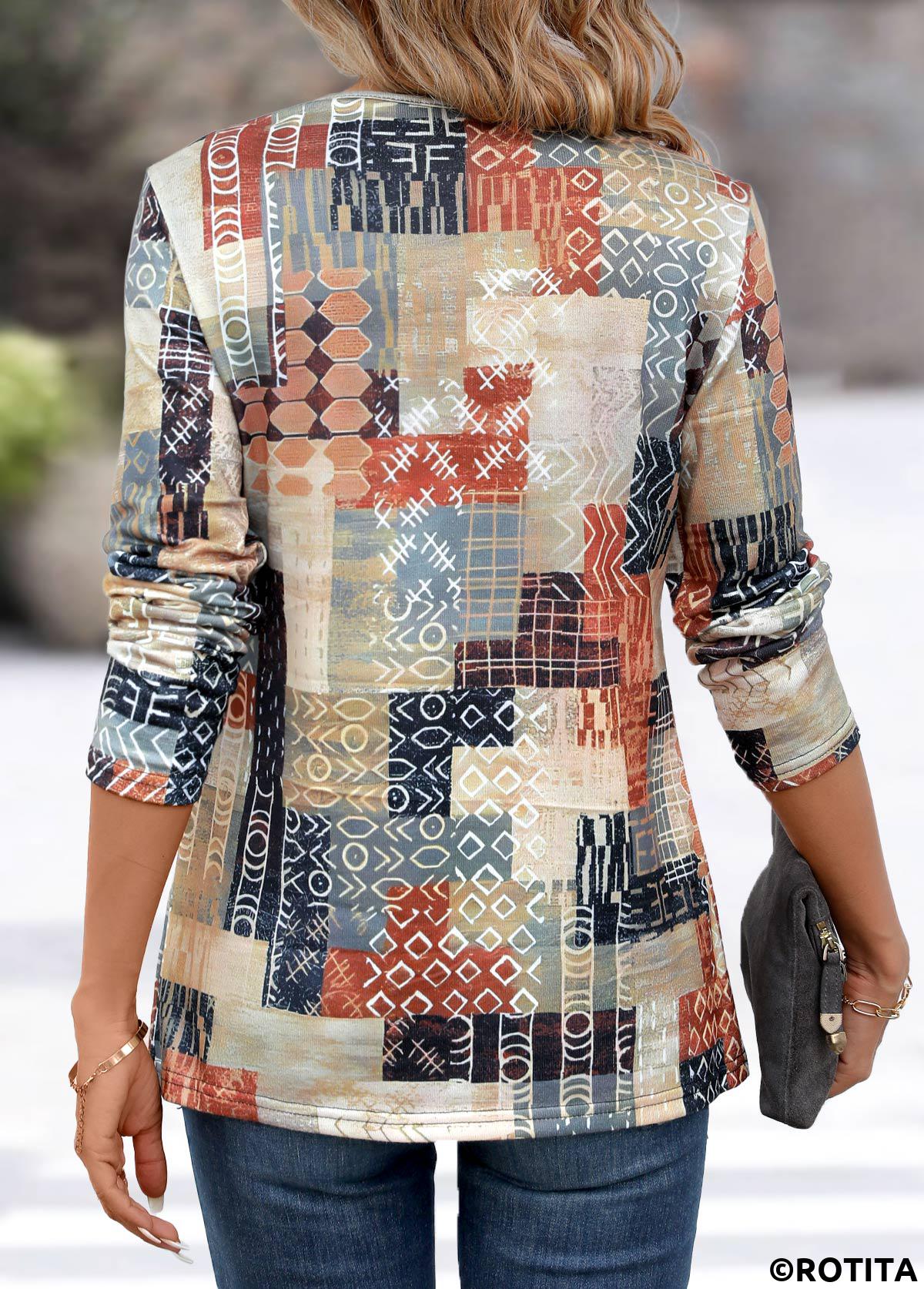 Light Grey tops,Geometric tops,Letter tops,Striped tops,Plaid tops,Patchwork Geometric Print Light Grey Asymmetrical Neck T Shirt