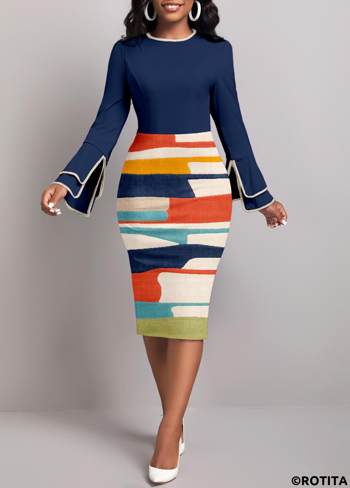 Navy dresses,Graphic dresses,Striped dresses,Geometric dresses,Party dresses,Elegant dresses,ROTITA Patchwork Graffiti Print Navy Round Neck Bodycon Dress