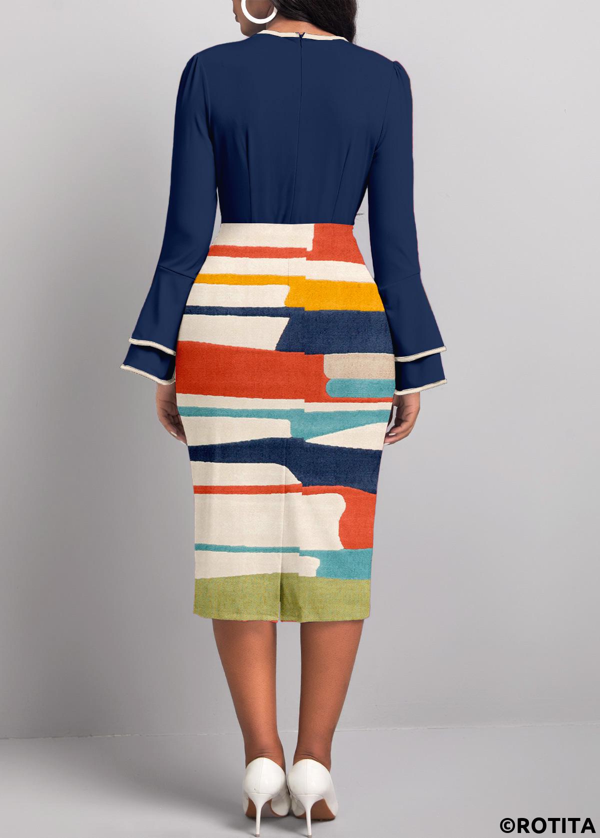 Navy dresses,Graphic dresses,Striped dresses,Geometric dresses,Party dresses,Elegant dresses,ROTITA Patchwork Graffiti Print Navy Round Neck Bodycon Dress