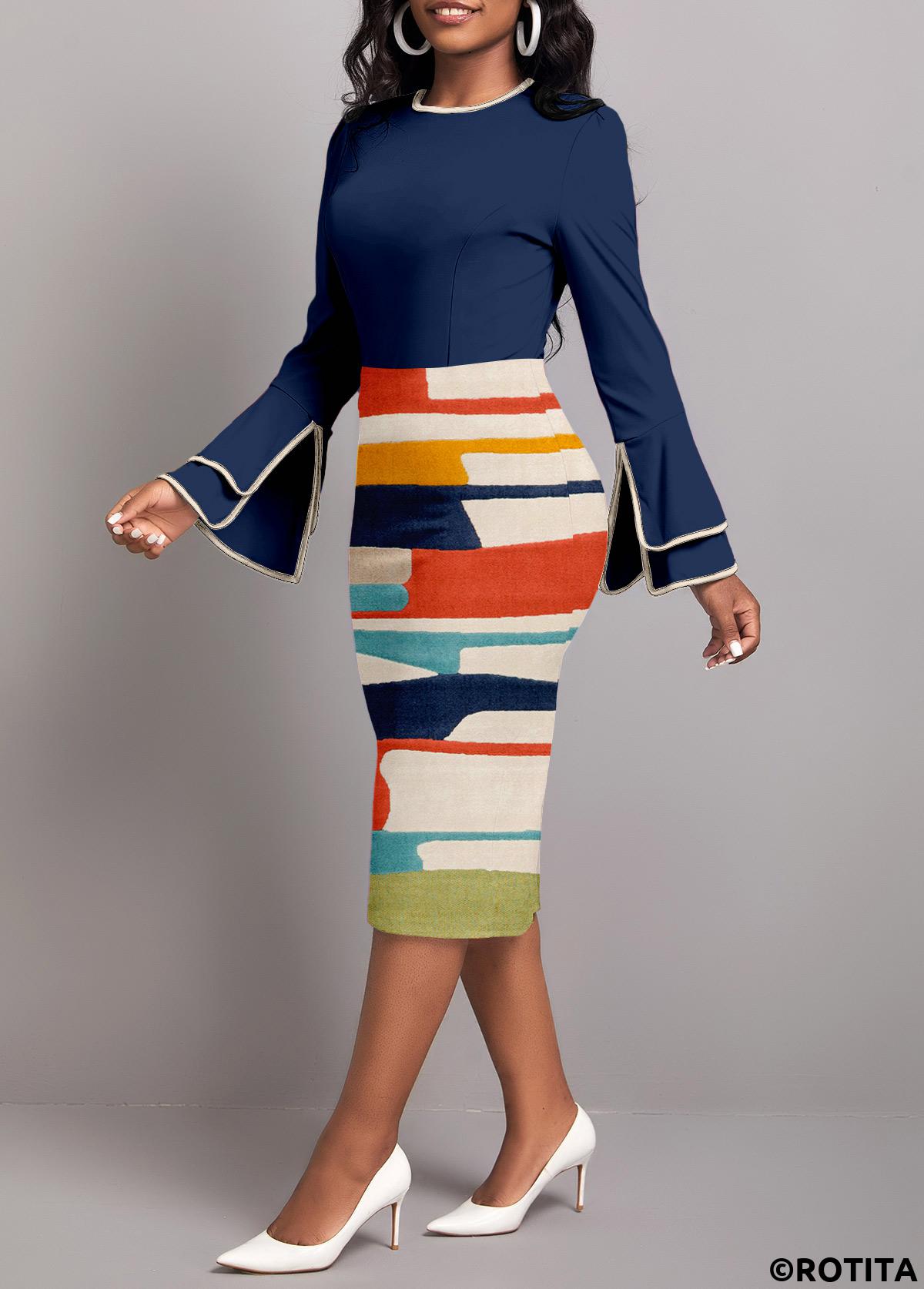 Navy dresses,Graphic dresses,Striped dresses,Geometric dresses,Party dresses,Elegant dresses,ROTITA Patchwork Graffiti Print Navy Round Neck Bodycon Dress