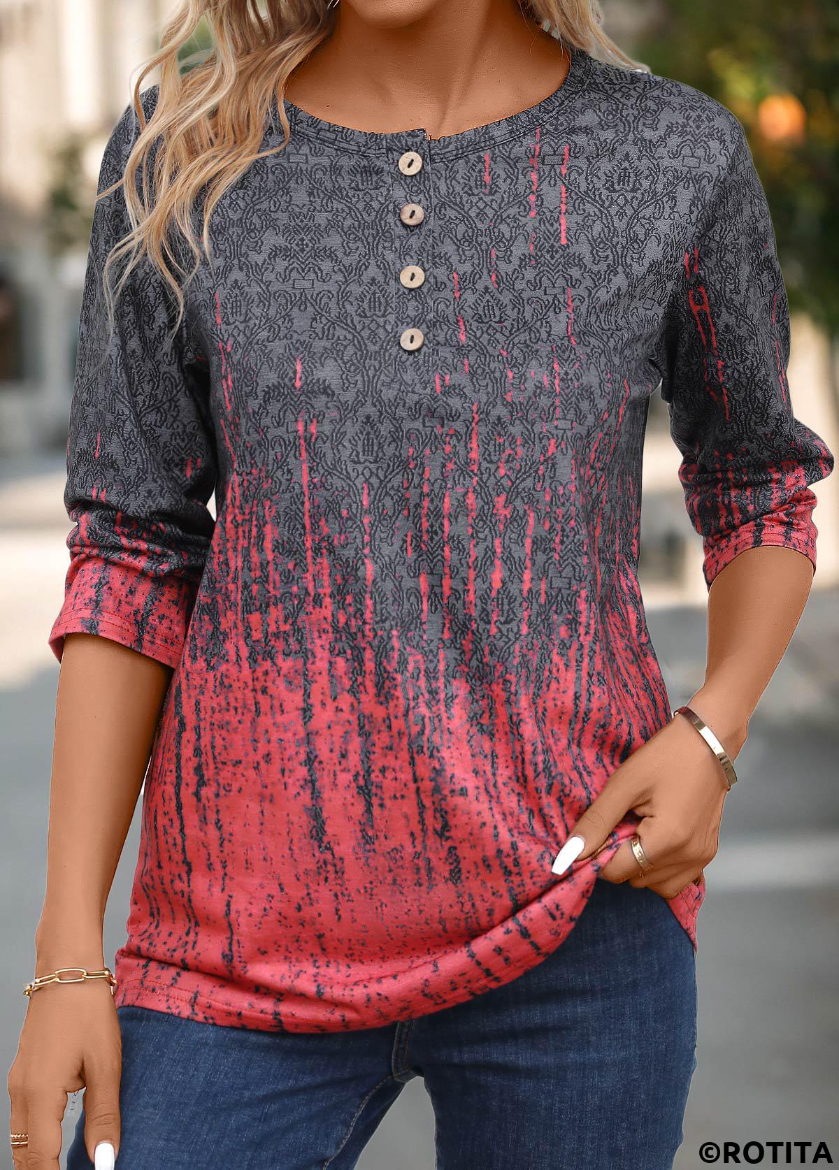 t-shirt col rond bouton ombre corail