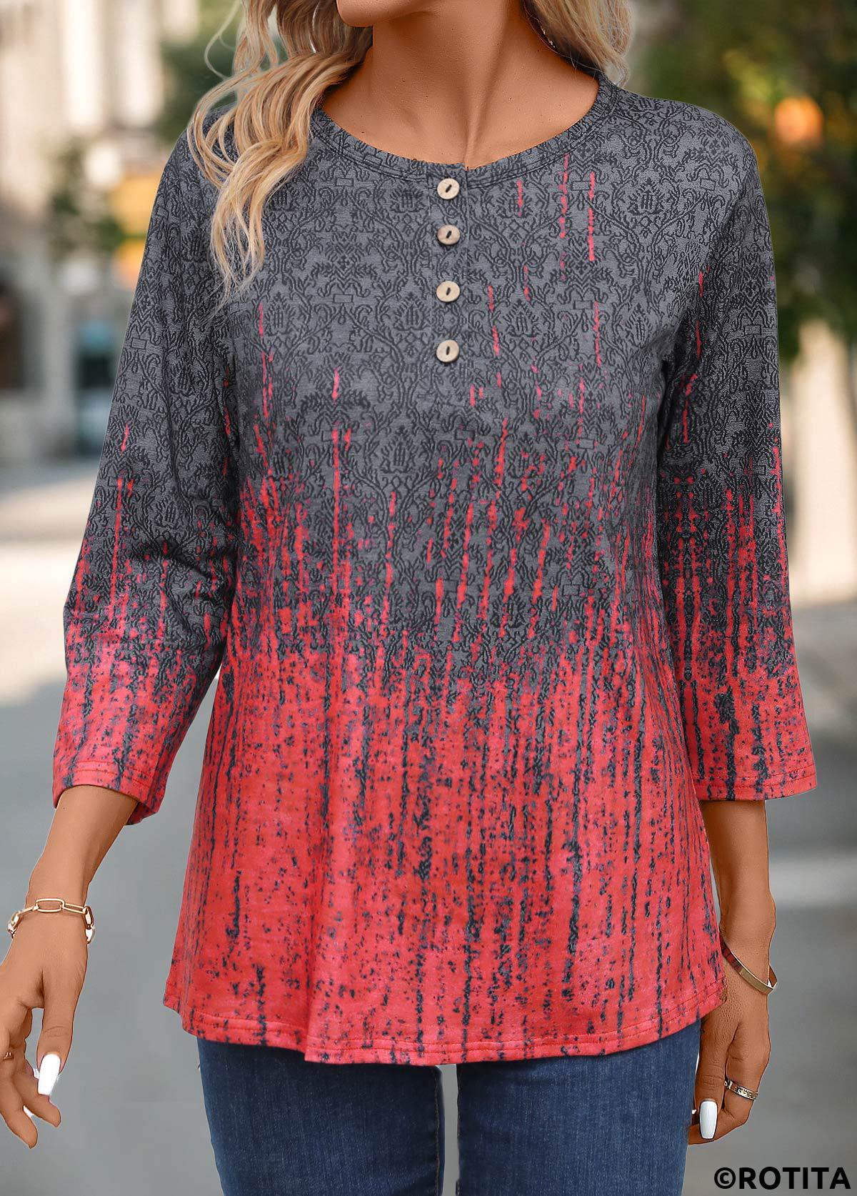 t-shirt col rond bouton ombre corail