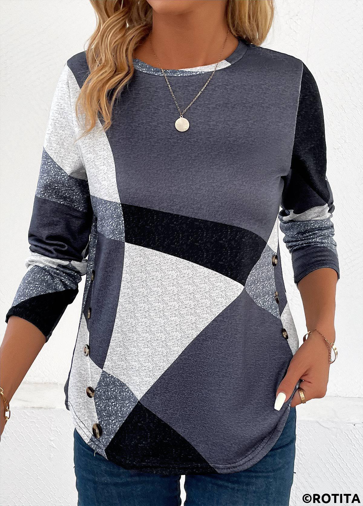 Button Geometric Print Dark Grey Round Neck T Shirt