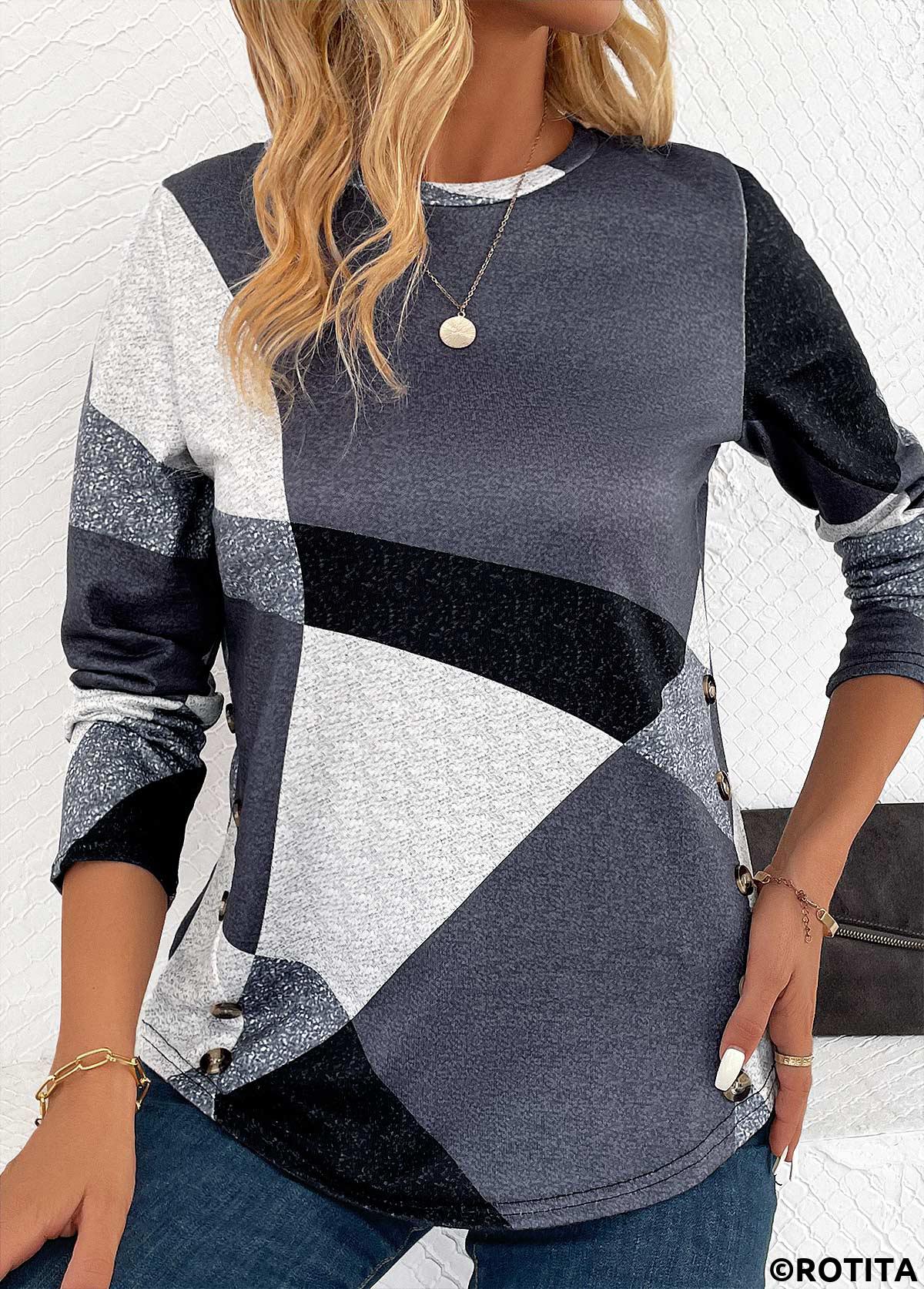 Button Geometric Print Dark Grey Round Neck T Shirt