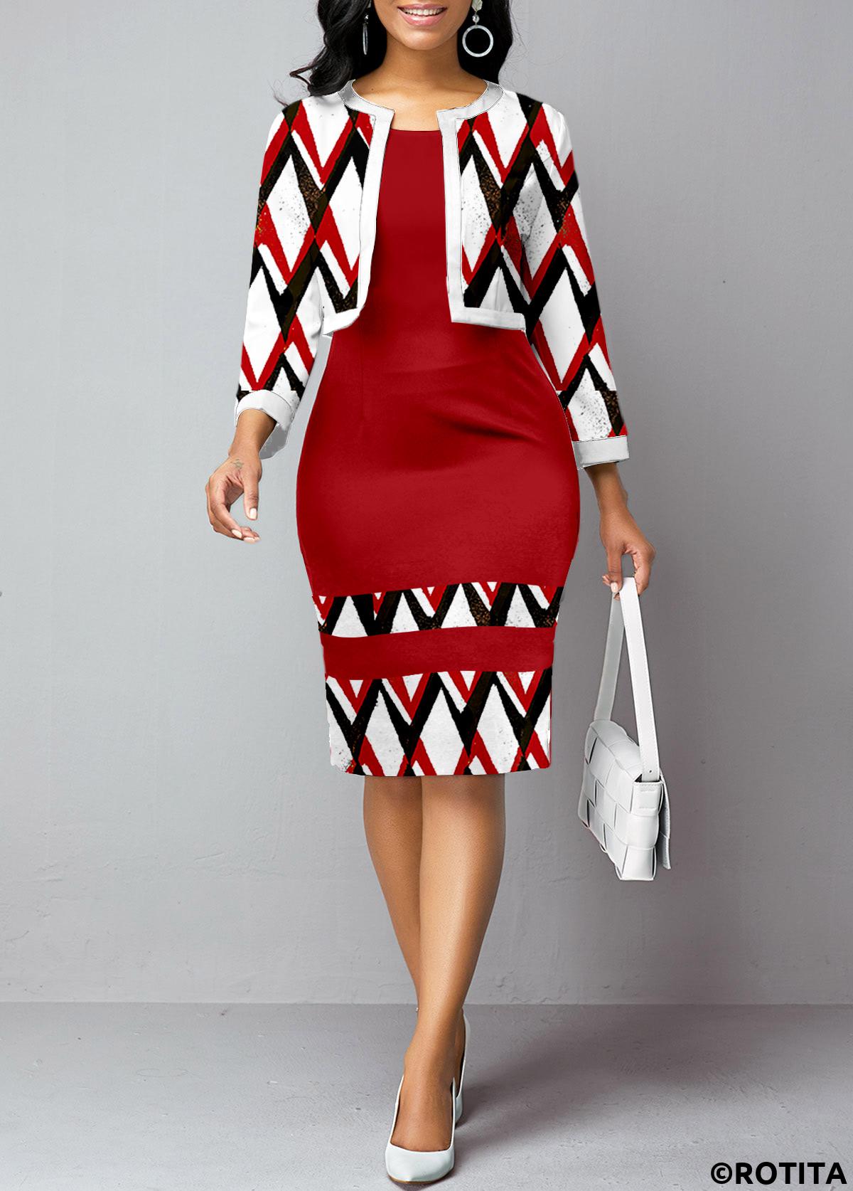 Wine Red dresses,Geometric dresses,Chevron dresses,Striped dresses,Party dresses,Elegant dresses,ROTITA Patchwork Geometric Print Wine Red Round Neck Bodycon Dress and Cardigan