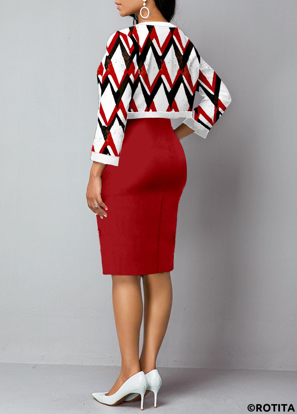 Wine Red dresses,Geometric dresses,Chevron dresses,Striped dresses,Party dresses,Elegant dresses,ROTITA Patchwork Geometric Print Wine Red Round Neck Bodycon Dress and Cardigan