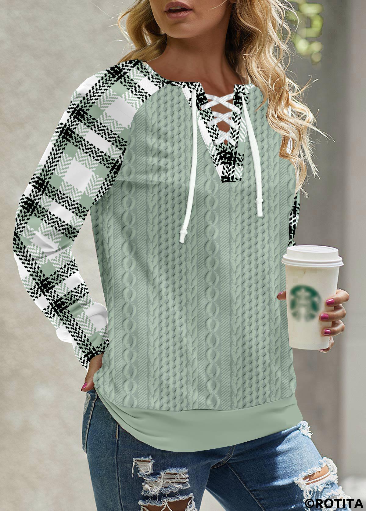 Sage Green plus size,Plaid plus size,Striped plus size,Geometric plus size,ROTITA Plus Size Lace Up Sage Green Plaid Sweatshirt