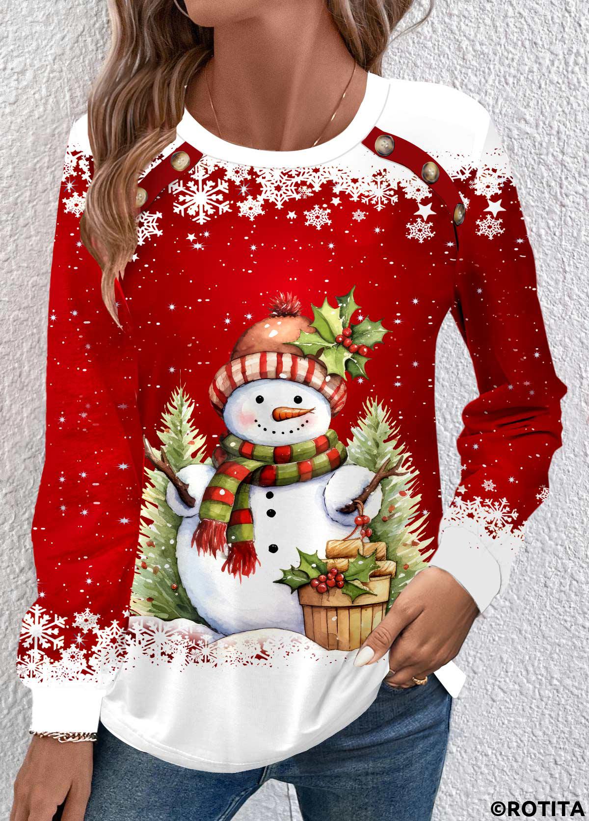 Red tops,White tops,Christmas tops,ROTITA Button Snowman Print Red Round Neck Long Sleeve Sweatshirt