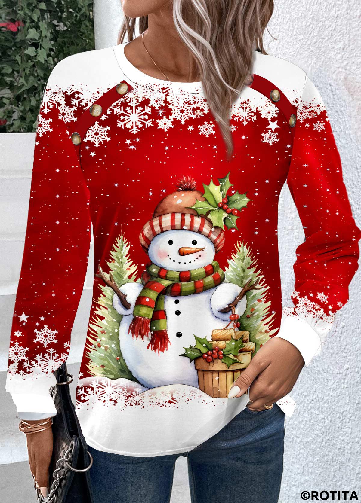 Red tops,White tops,Christmas tops,ROTITA Button Snowman Print Red Round Neck Long Sleeve Sweatshirt