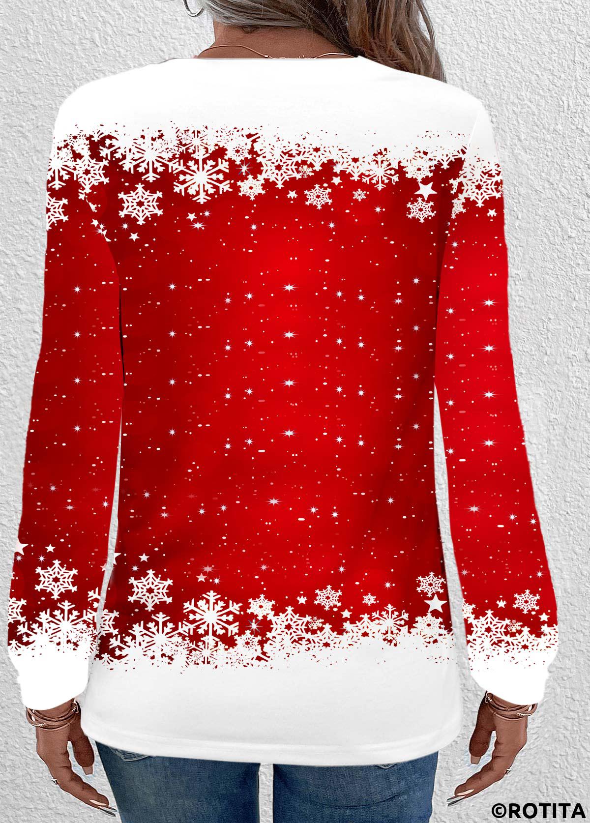 Red tops,White tops,Christmas tops,ROTITA Button Snowman Print Red Round Neck Long Sleeve Sweatshirt