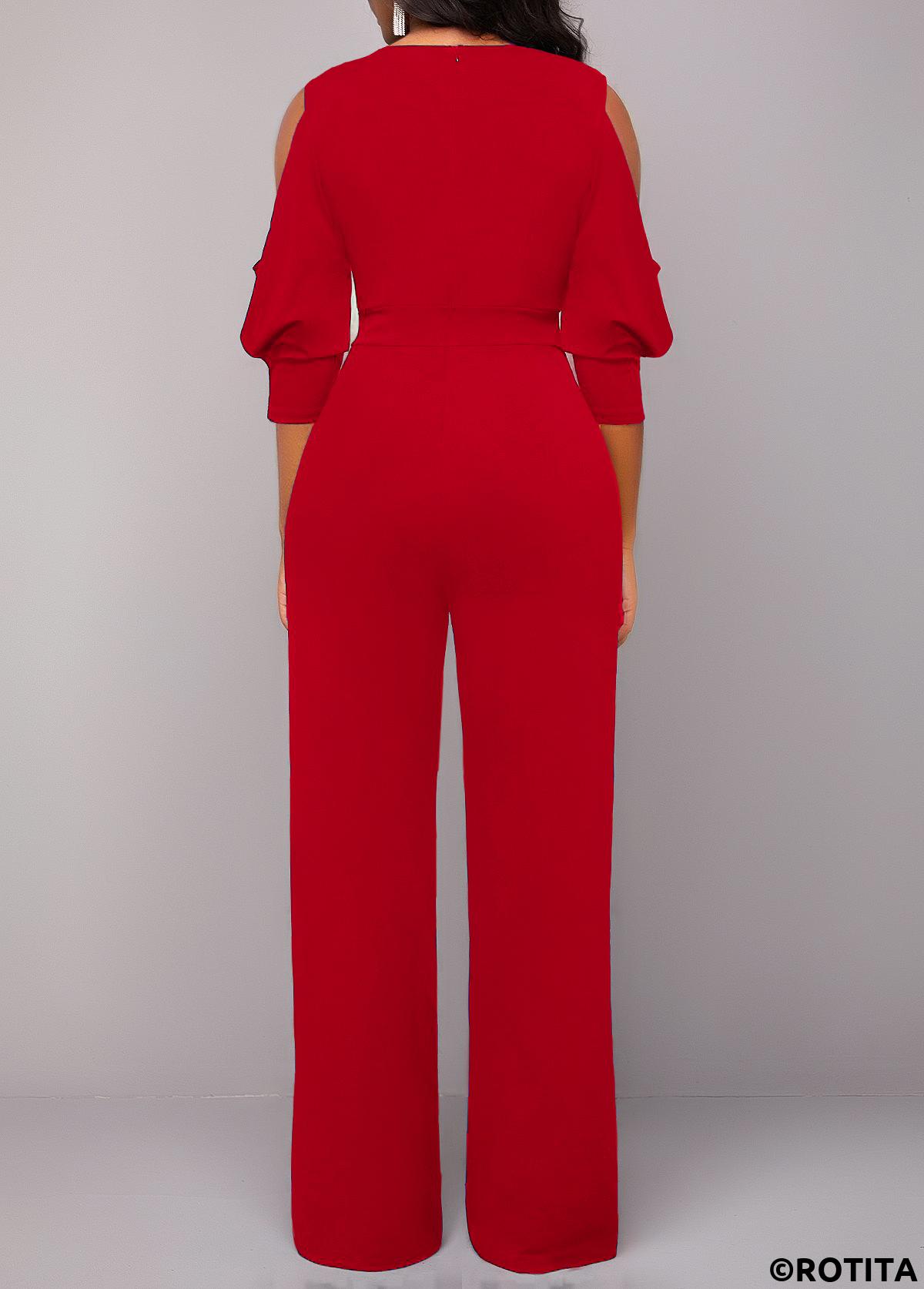 ROTITA Metal Ring Cold Shoulder V Neck Wine Red Jumpsuit