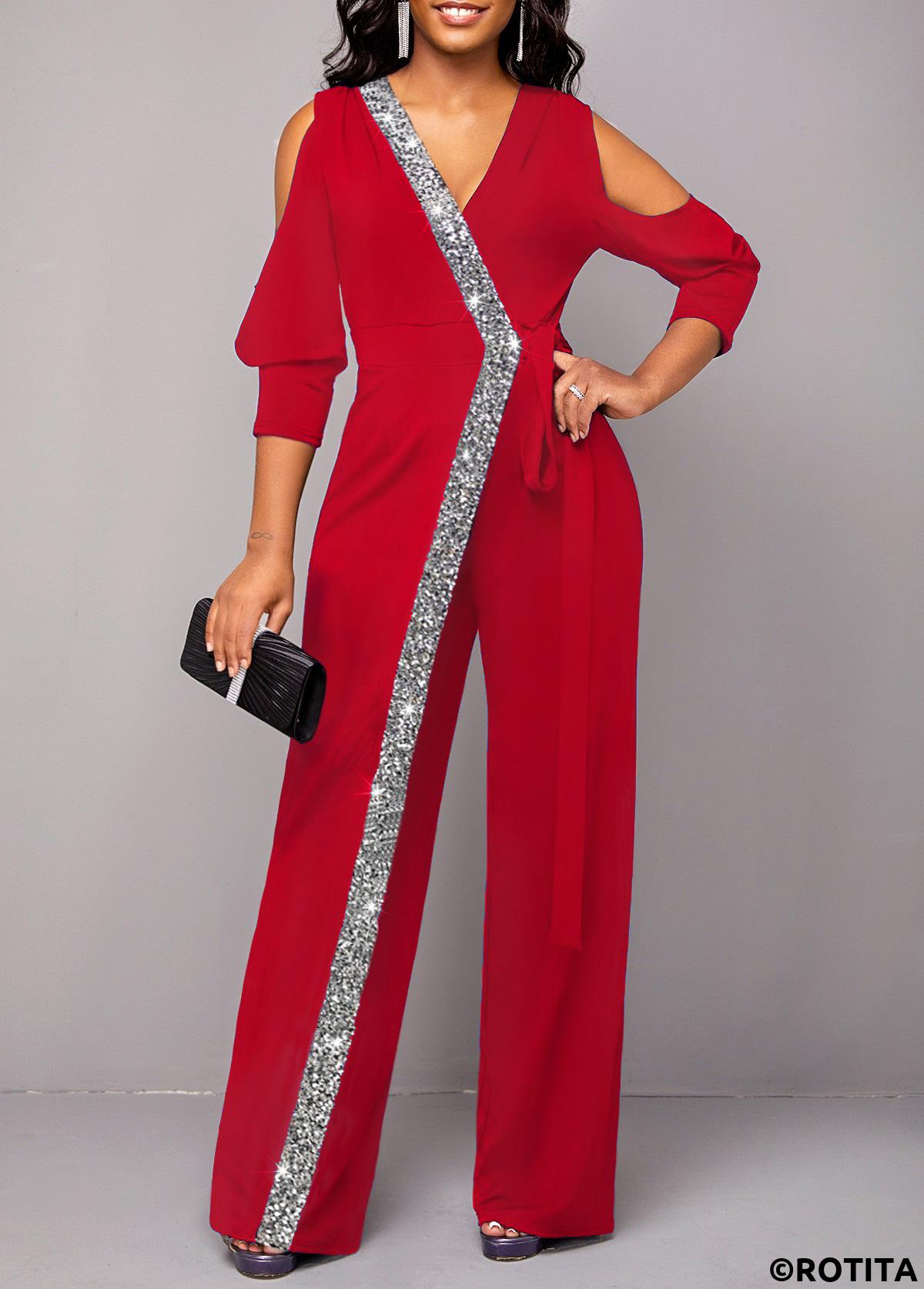 ROTITA Metal Ring Cold Shoulder V Neck Wine Red Jumpsuit Rotita USD 38.98