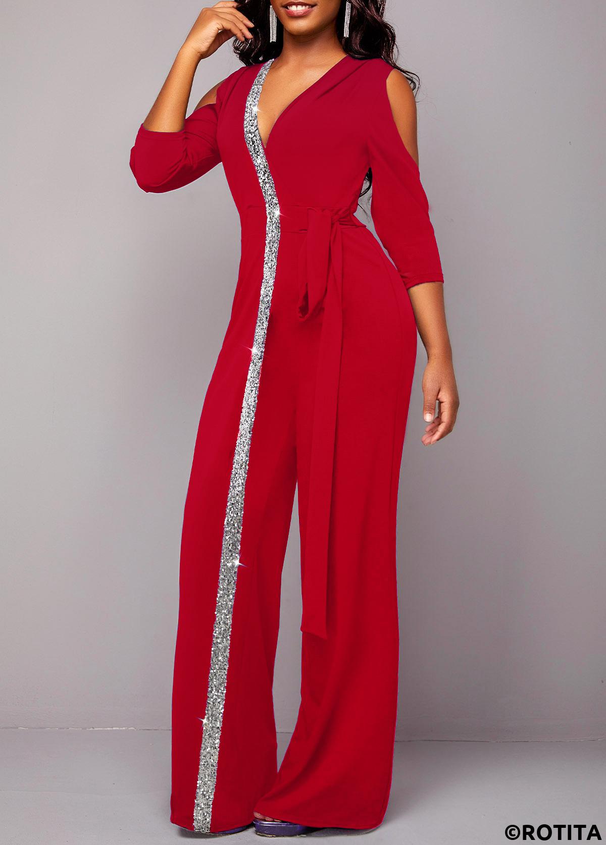 ROTITA Metal Ring Cold Shoulder V Neck Wine Red Jumpsuit