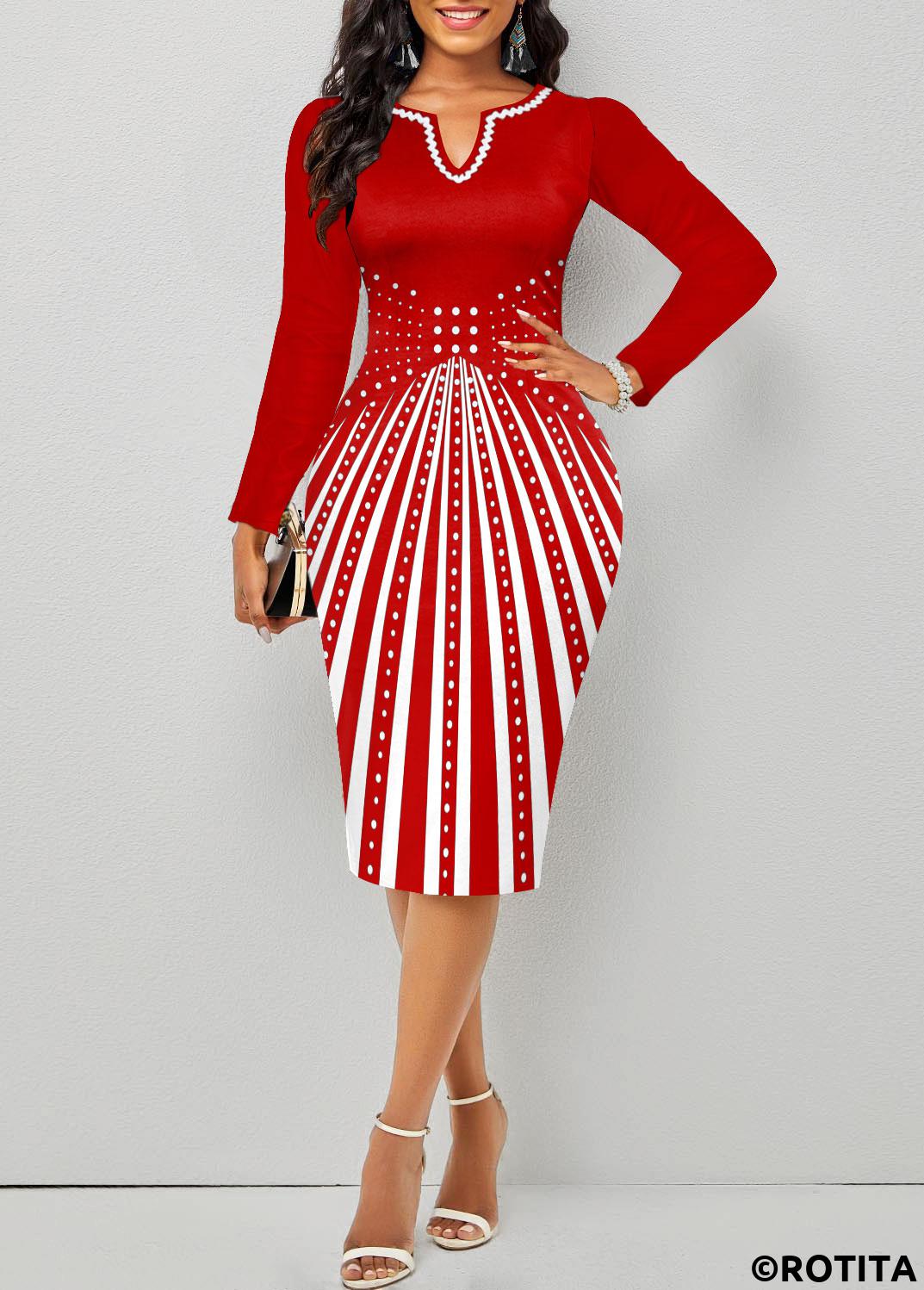 Red dresses,Geometric dresses,Striped dresses,Dot dresses,Party dresses,Elegant dresses,ROTITA Split Geometric Print Red Long Sleeve Bodycon Dress