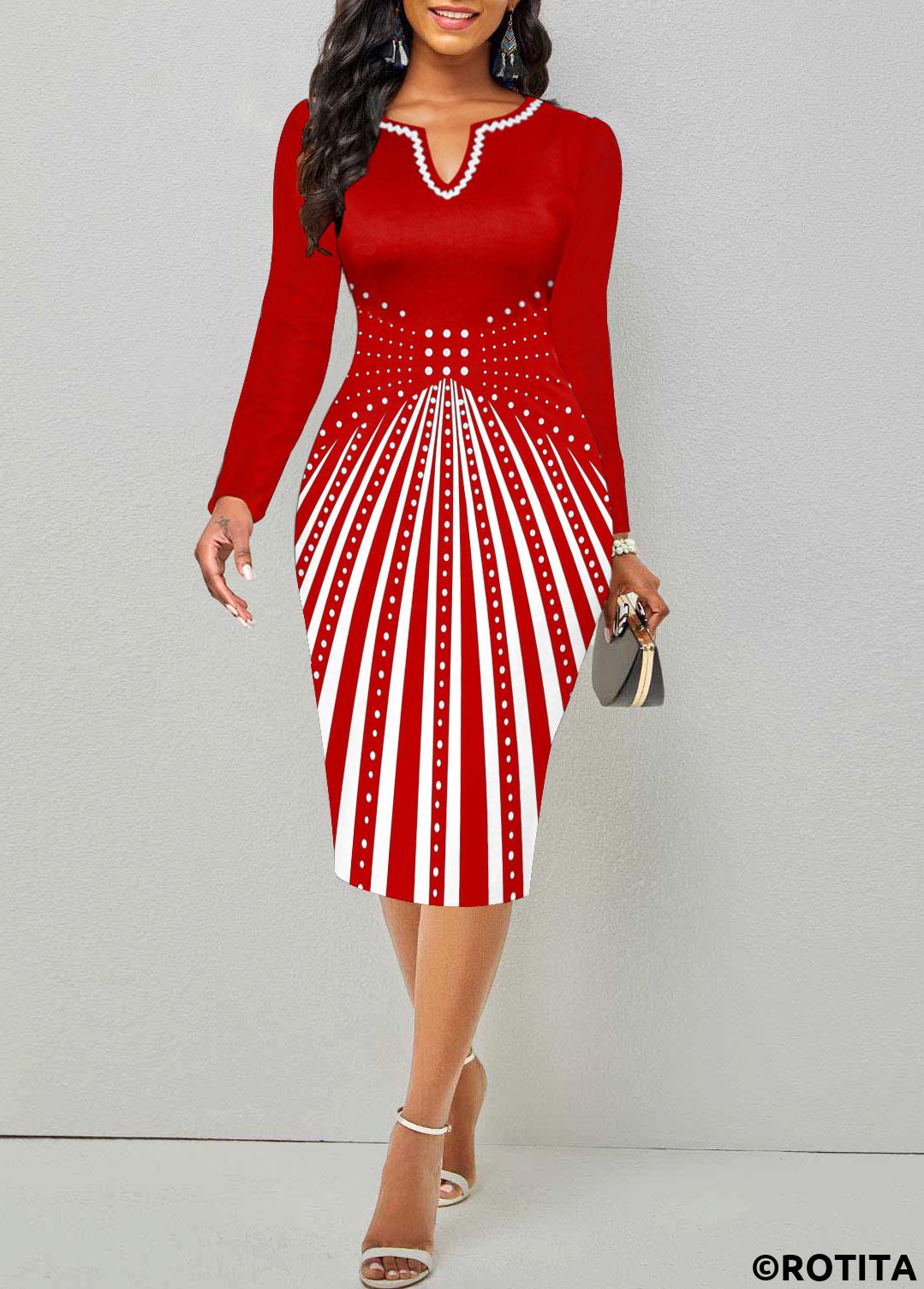 Red dresses,Geometric dresses,Striped dresses,Dot dresses,Party dresses,Elegant dresses,ROTITA Split Geometric Print Red Long Sleeve Bodycon Dress