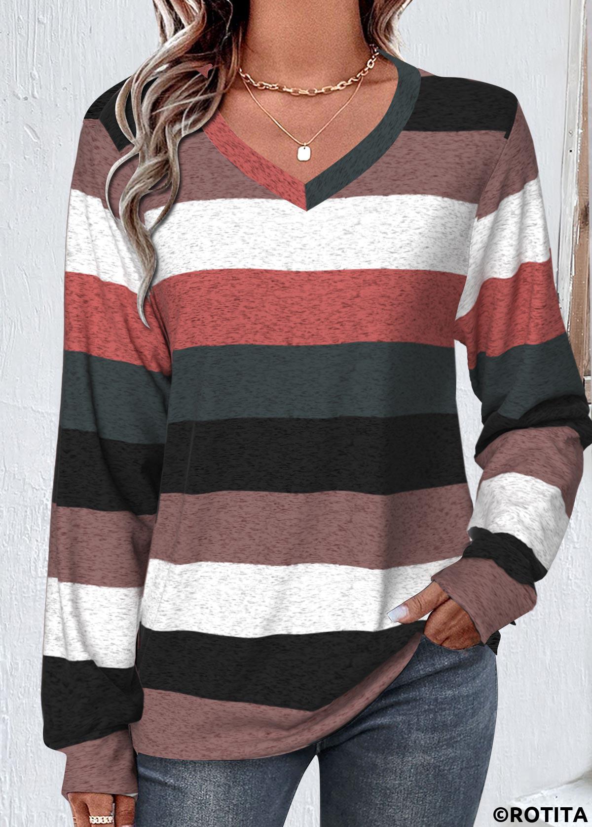 Multi Color tops,Striped tops,Geometric tops,ROTITA Patchwork Striped Multi Color V Neck Long Sleeve Sweatshirt