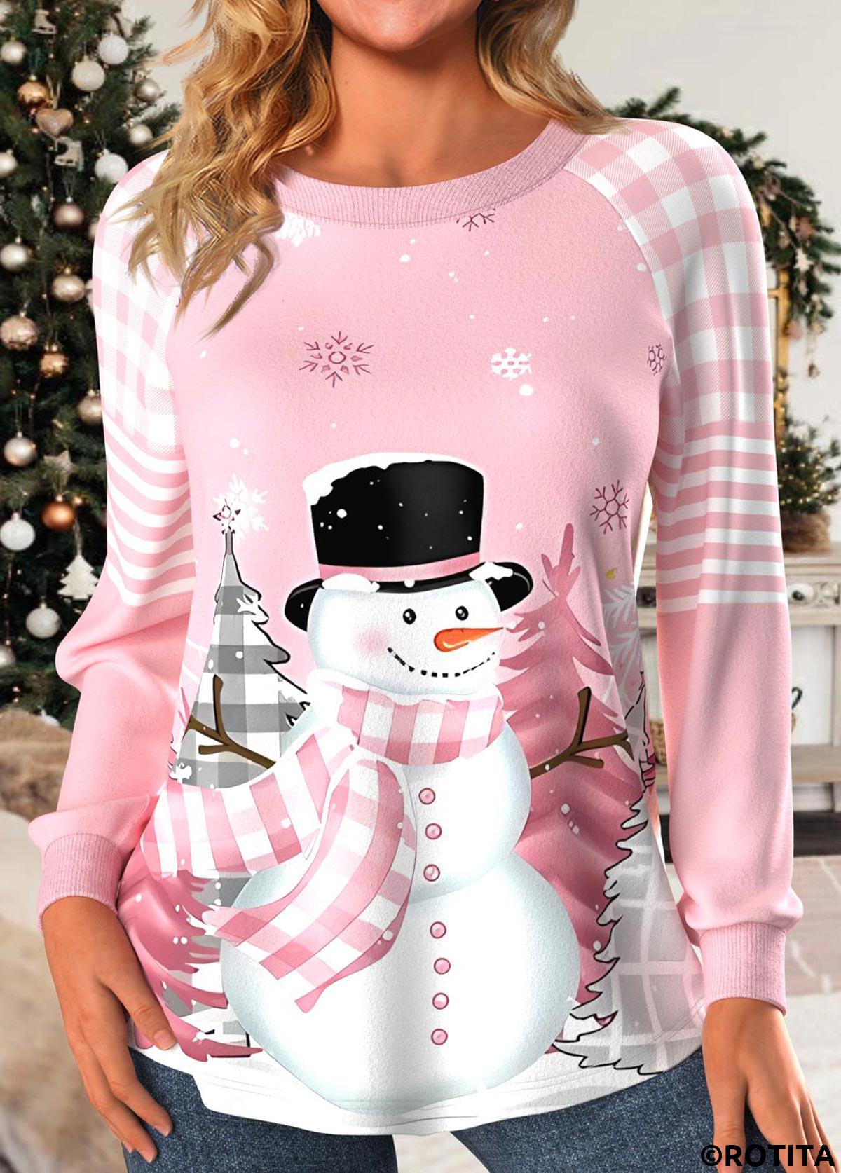 Light Pink tops,Christmas tops,Geometric tops,Striped tops,Plaid tops,ROTITA Patchwork Snowman Print Light Pink Round Neck Sweatshirt