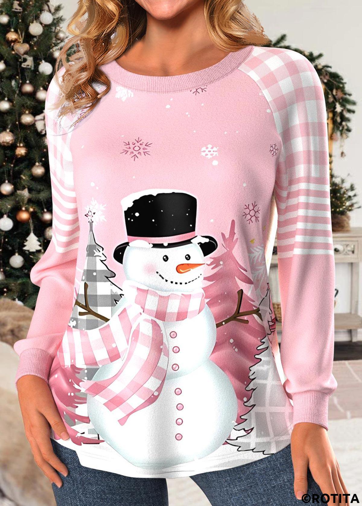Light Pink tops,Christmas tops,Geometric tops,Striped tops,Plaid tops,ROTITA Patchwork Snowman Print Light Pink Round Neck Sweatshirt