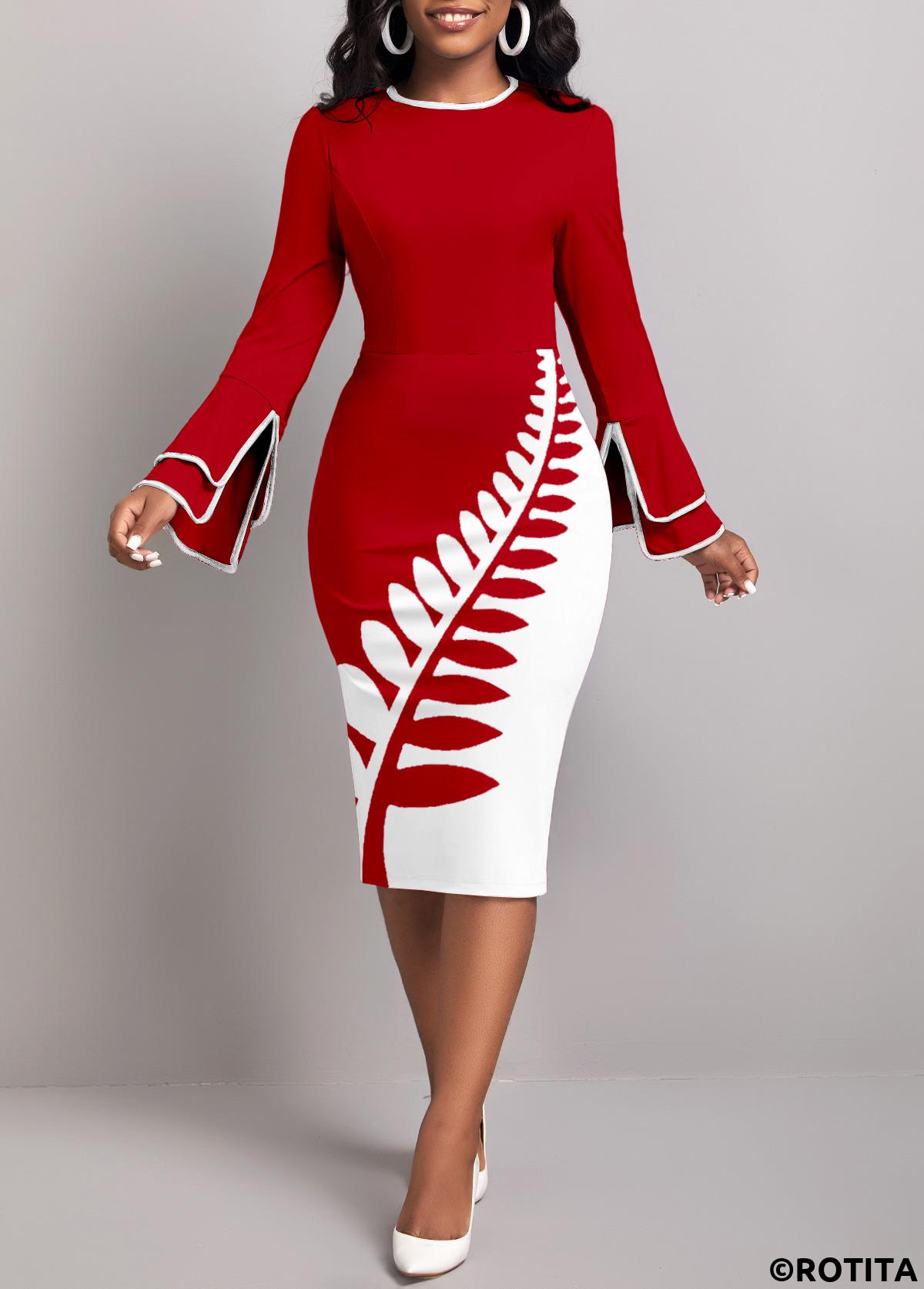 ROTITA Patchwork Leaf Print Wine Red Round Neck Bodycon Dress