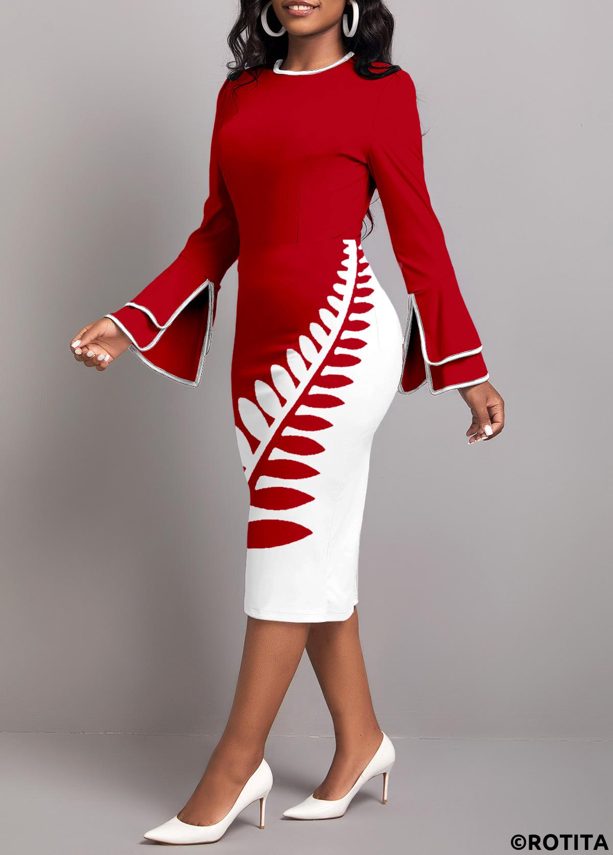 ROTITA Patchwork Leaf Print Wine Red Round Neck Bodycon Dress