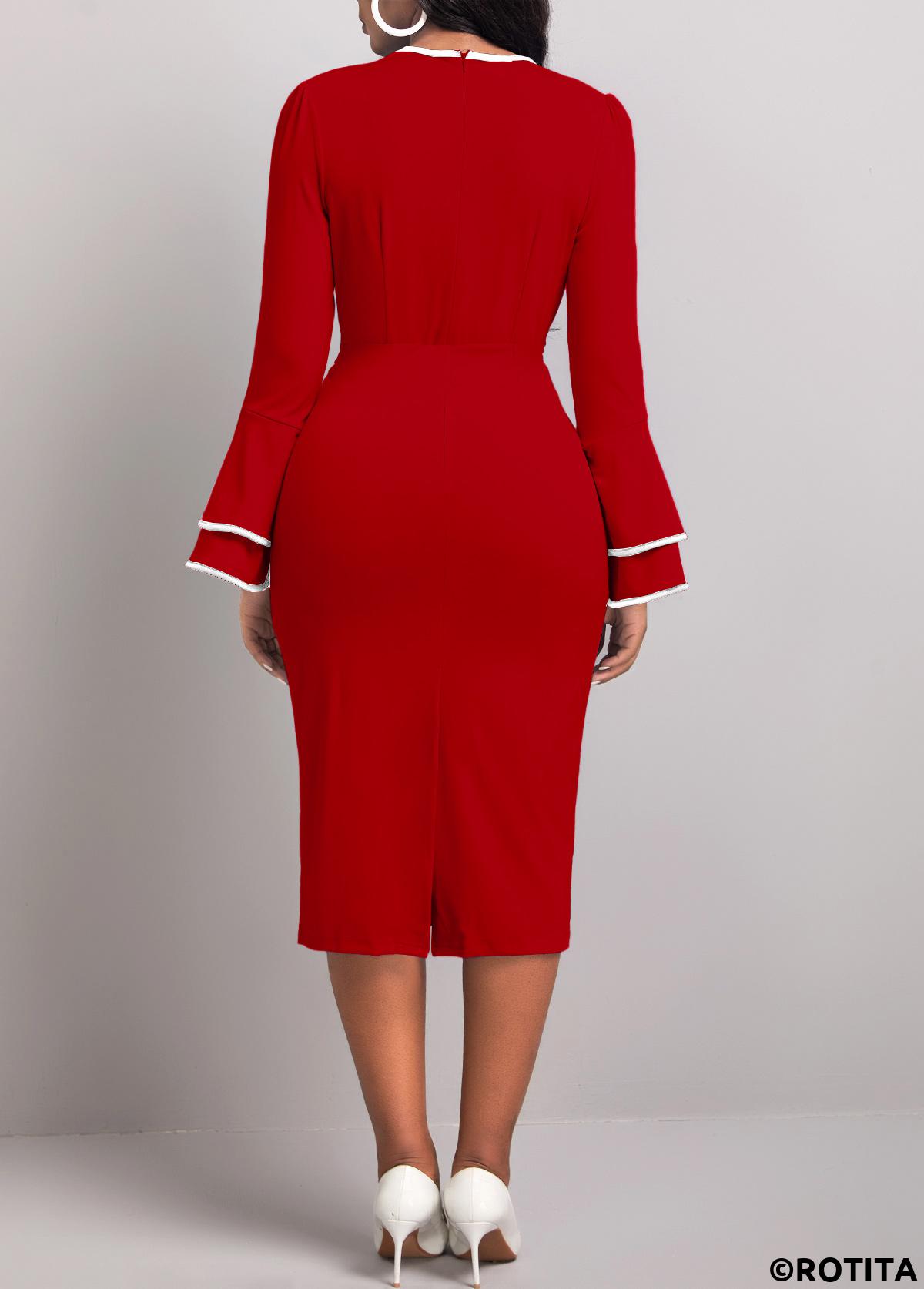 ROTITA Patchwork Leaf Print Wine Red Round Neck Bodycon Dress