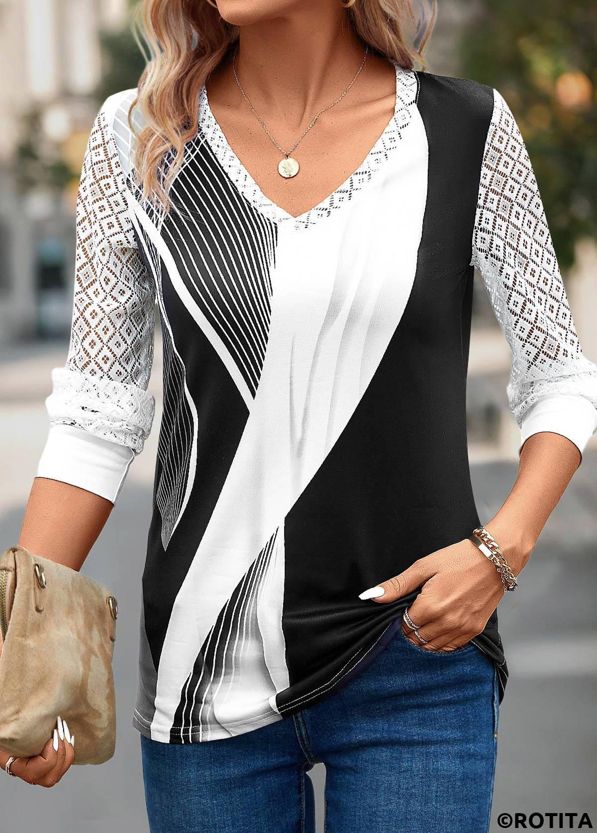 Graues T-Shirt mit V-Ausschnitt und geometrischem Spitzendruck