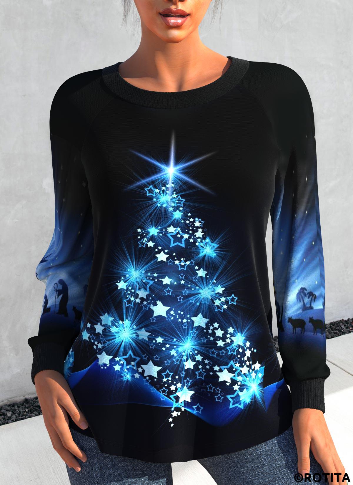 Blue tops,Sky Blue tops,Christmas tops,Ombre tops,Geometric tops,Animal Print tops,ROTITA Christmas Tree Print Black Scoop Neck Sweatshirt