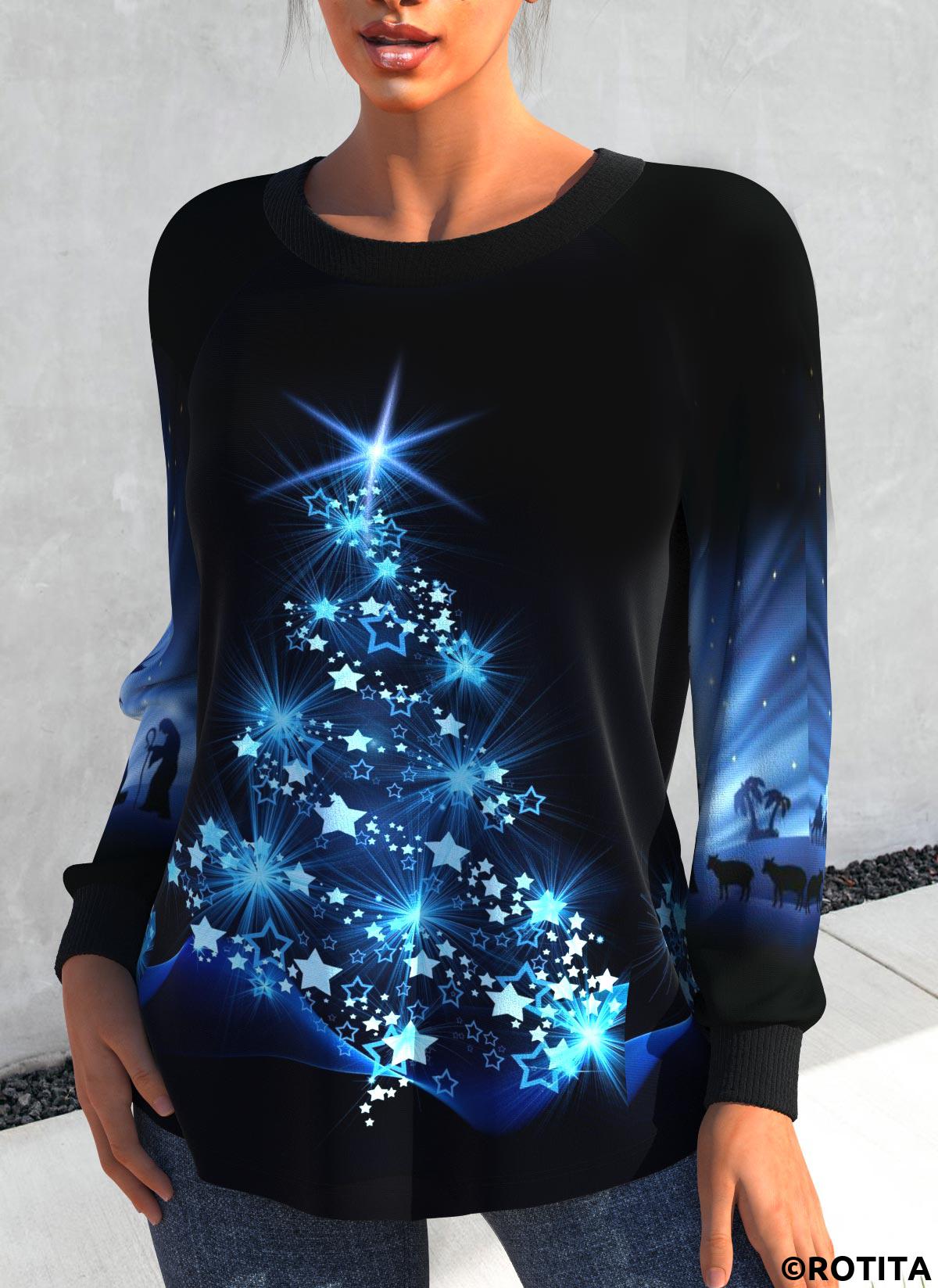 Blue tops,Sky Blue tops,Christmas tops,Ombre tops,Geometric tops,Animal Print tops,ROTITA Christmas Tree Print Black Scoop Neck Sweatshirt